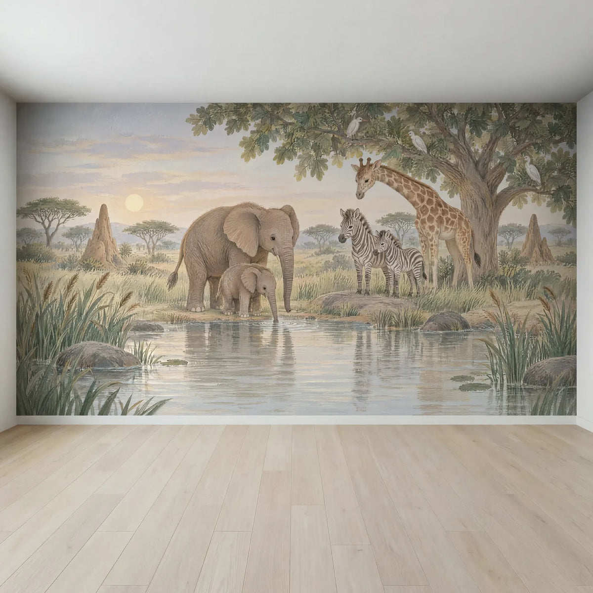 Gouache safari watering hole wall mural for a bedroom, full mural design, by Whimsy Tots