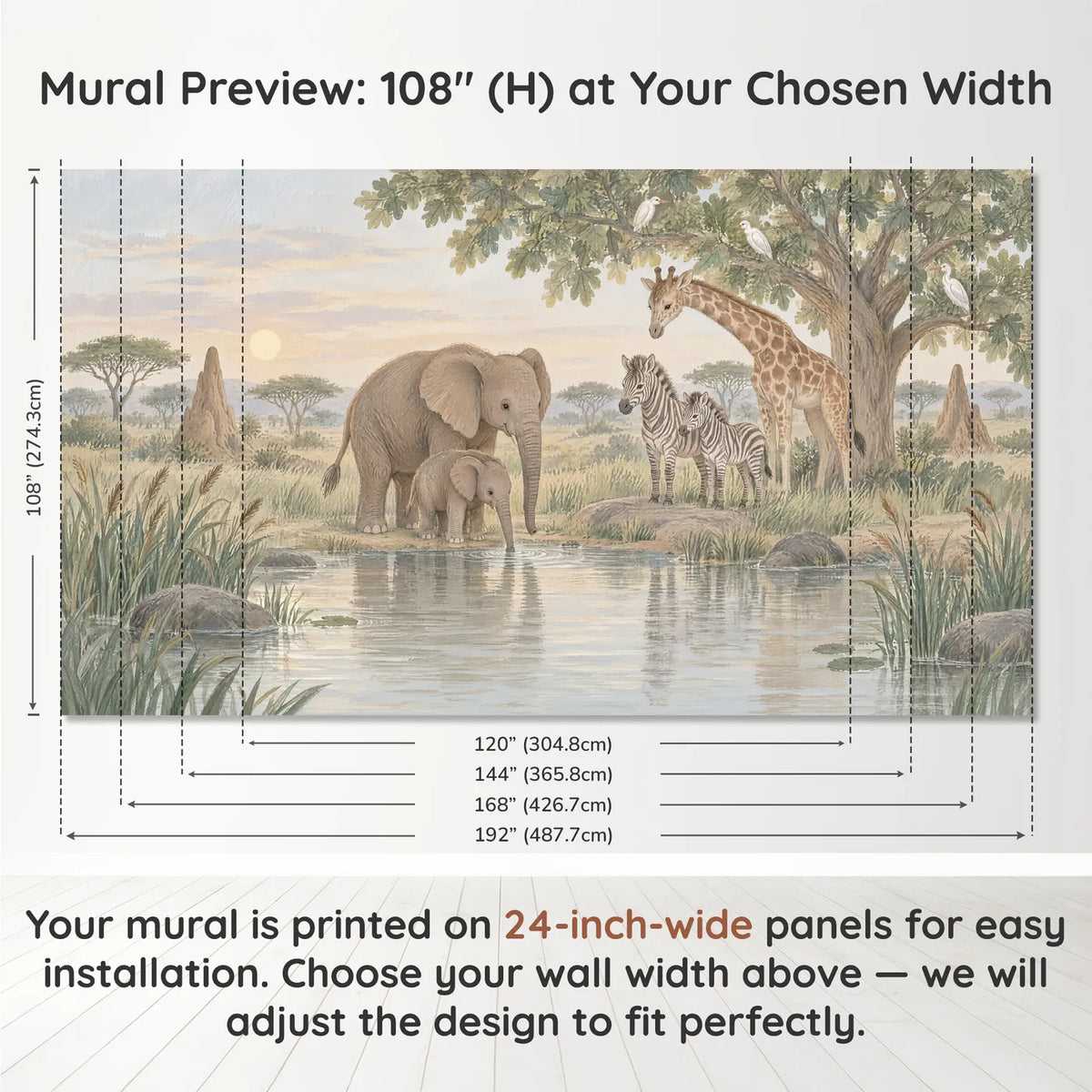 Gouache safari watering hole wall mural for a bedroom, panel layout and size, by Whimsy Tots