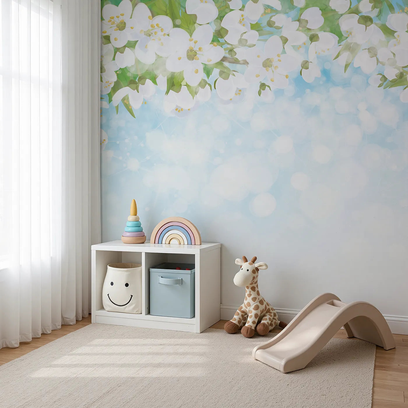 Angled view of Whimsy Tots' Spring Blossom Sky Wall Mural (Turn Their Room into a Breath of Fresh Air).Gender-Neutral