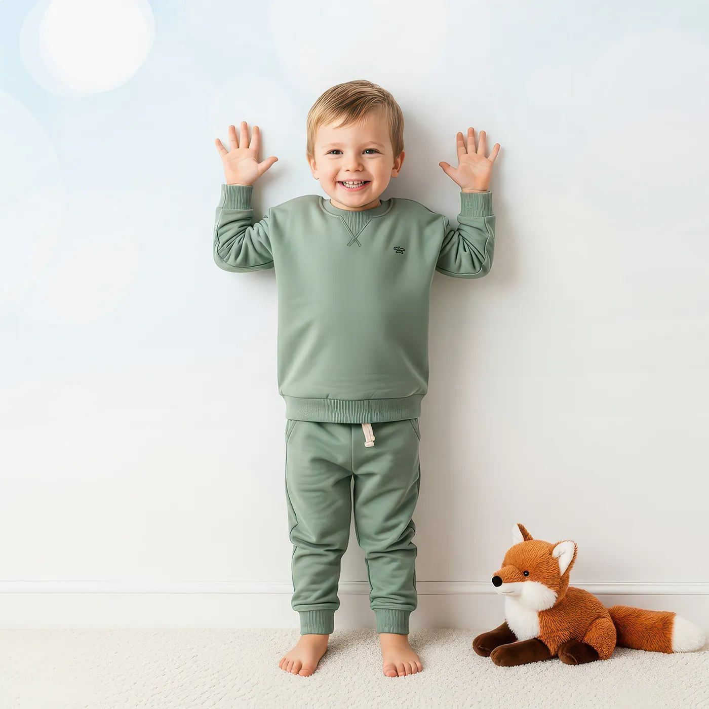 Child in front of Whimsy Tots Spring Blossom Sky Wall Mural with flower, blossom, spring, sky, tree, branch, nature in design.