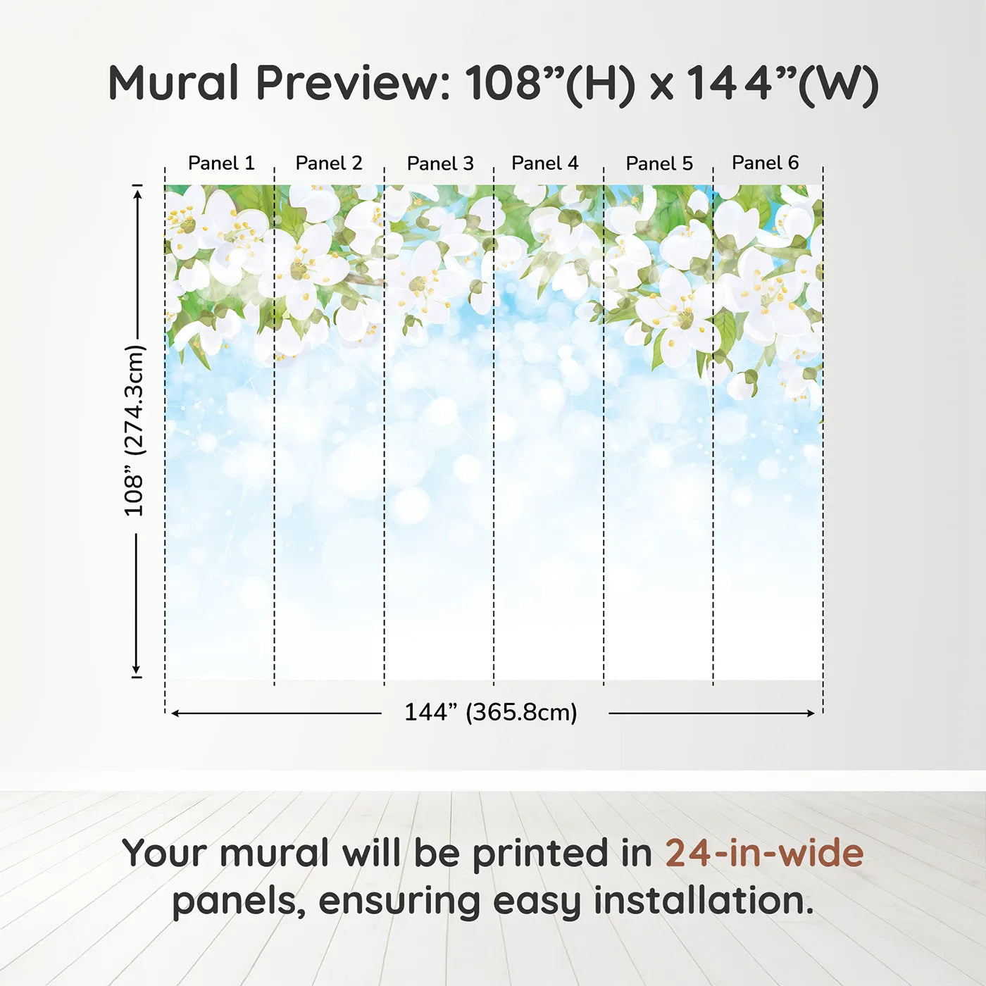 Whimsy Tots Spring Blossom Sky Wall Muraldimension view (108" H x 144" W). Printed in six 24-inch-wide panels. Gender-Neutral