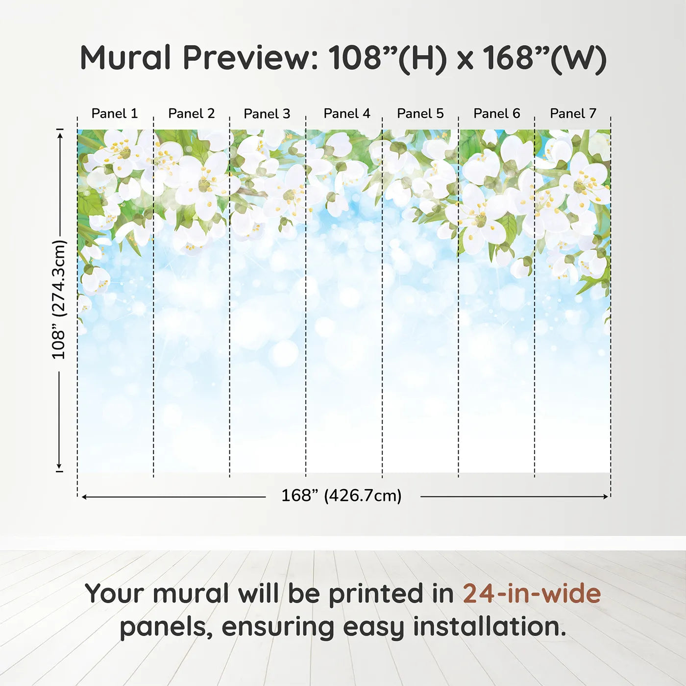 Whimsy Tots Spring Blossom Sky Wall Muraldimension view (108" H x 168" W). Printed in seven 24-inch-wide panels. Gender-Neutral