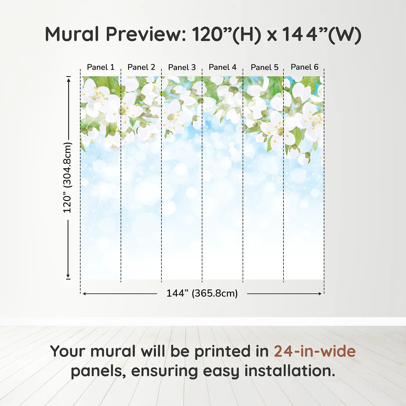 Whimsy Tots Spring Blossom Sky Wall Muraldimension view (120" H x 144" W). Printed in six 24-inch-wide panels. Gender-Neutral