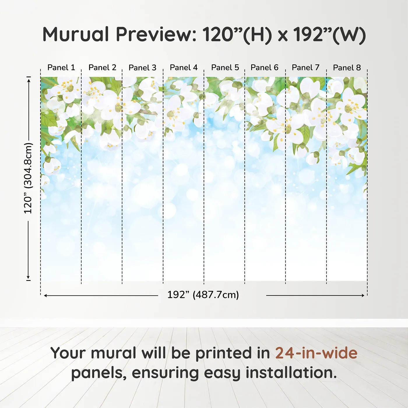 Whimsy Tots Spring Blossom Sky Wall Muraldimension view (120" H x 192" W). Printed in eight 24-inch-wide panels. Gender-Neutral