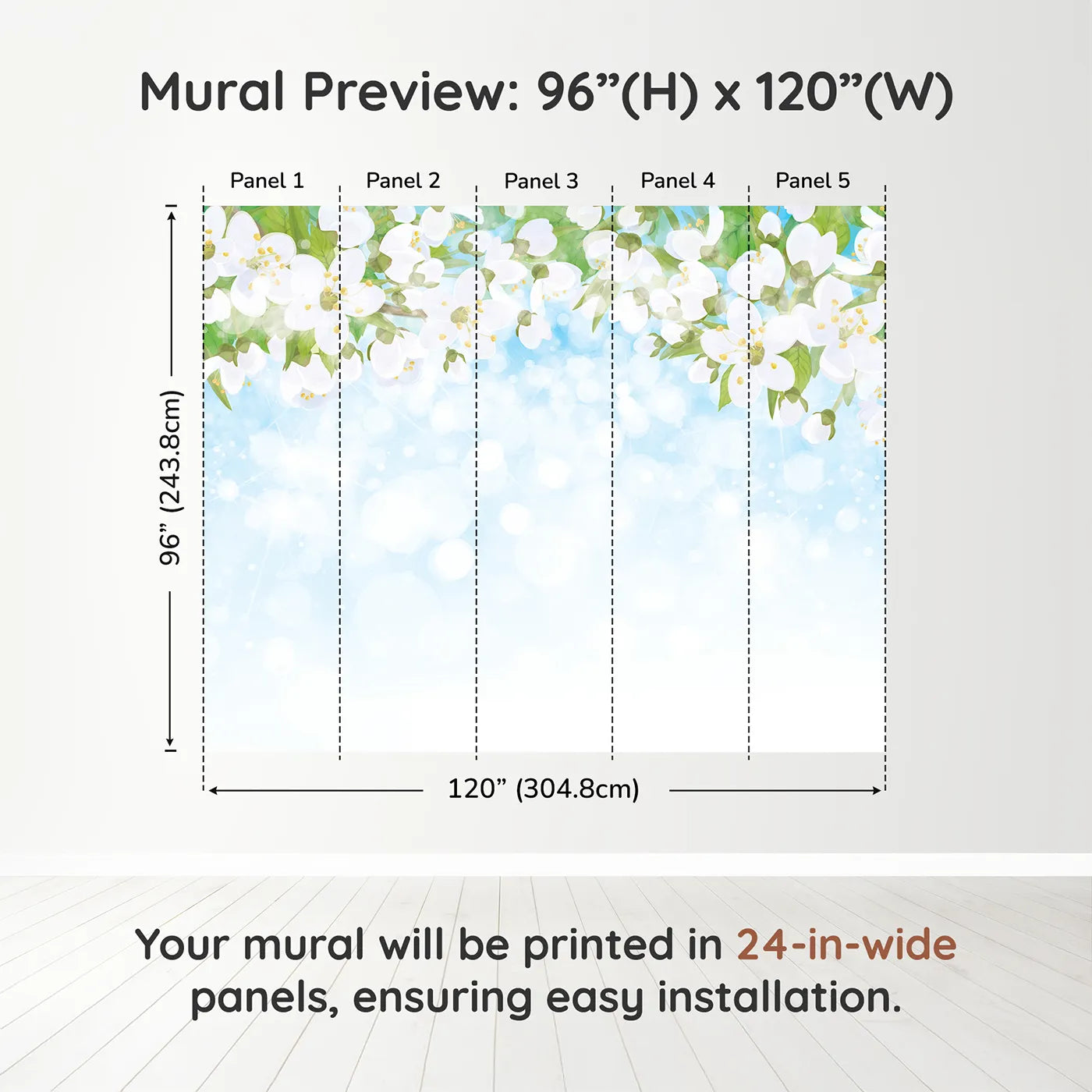 Whimsy Tots Spring Blossom Sky Wall Muraldimension view (96" H x 120" W). Printed in five 24-inch-wide panels. Gender-Neutral