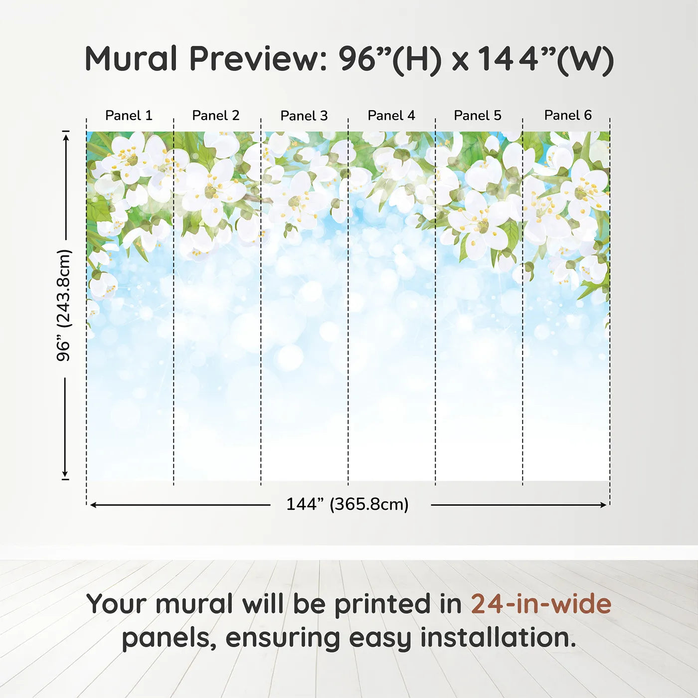 Whimsy Tots Spring Blossom Sky Wall Muraldimension view (96" H x 144" W). Printed in six 24-inch-wide panels. Gender-Neutral