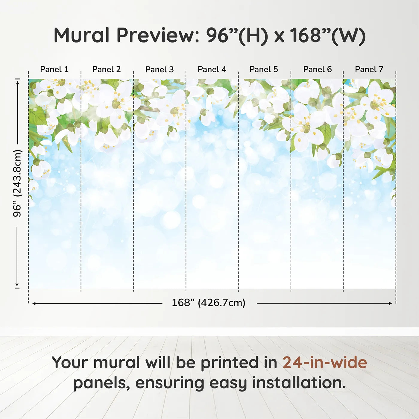 Whimsy Tots Spring Blossom Sky Wall Muraldimension view (96" H x 168" W). Printed in seven 24-inch-wide panels. Gender-Neutral
