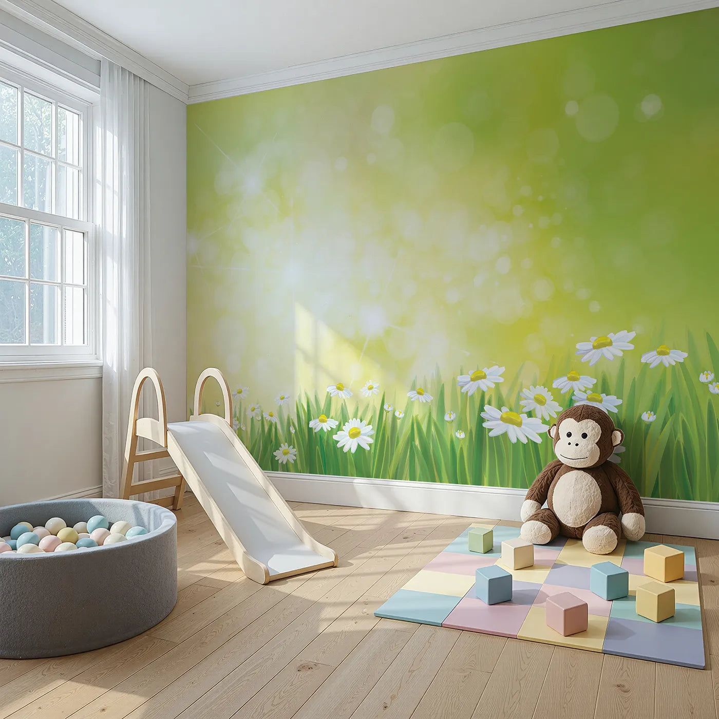 Angled view of Whimsy Tots' Summer Daisy Meadow Wall Mural (Turn Their Room into a Field of Sunshine and Smiles).Gender-Neutral