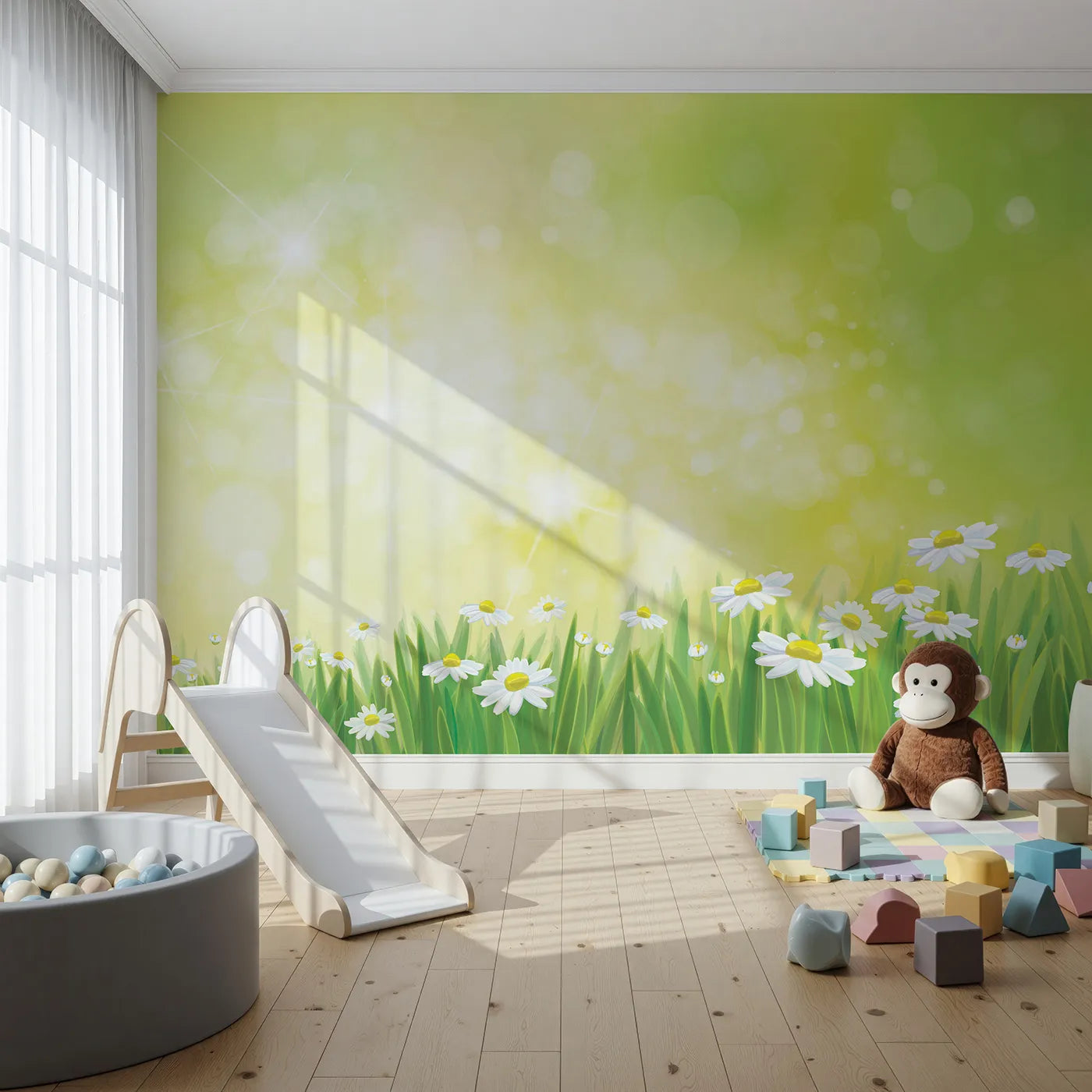 Front view of Whimsy Tots' Summer Daisy Meadow Wall Mural
