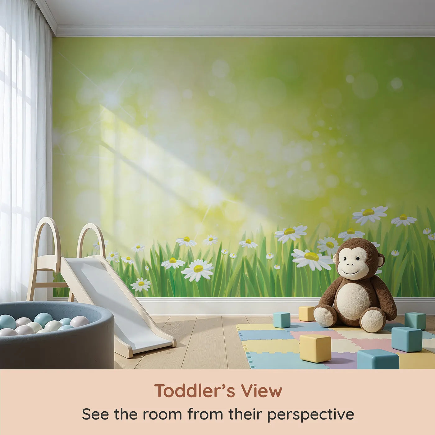 Whimsy Tots Summer Daisy Meadow Wall Mural (Turn Their Room into a Field of Sunshine and Smiles) from your child's view.Gender-Neutral