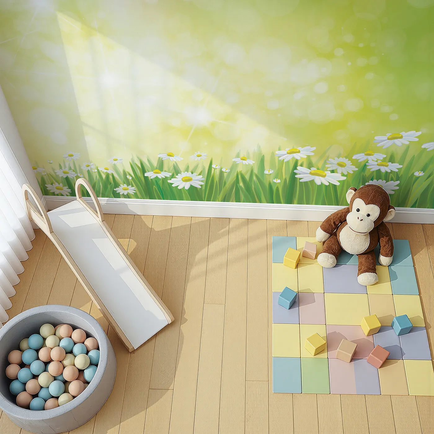 Top-down view of Whimsy Tots' Summer Daisy Meadow Wall Mural (Turn Their Room into a Field of Sunshine and Smiles).Gender-Neutral