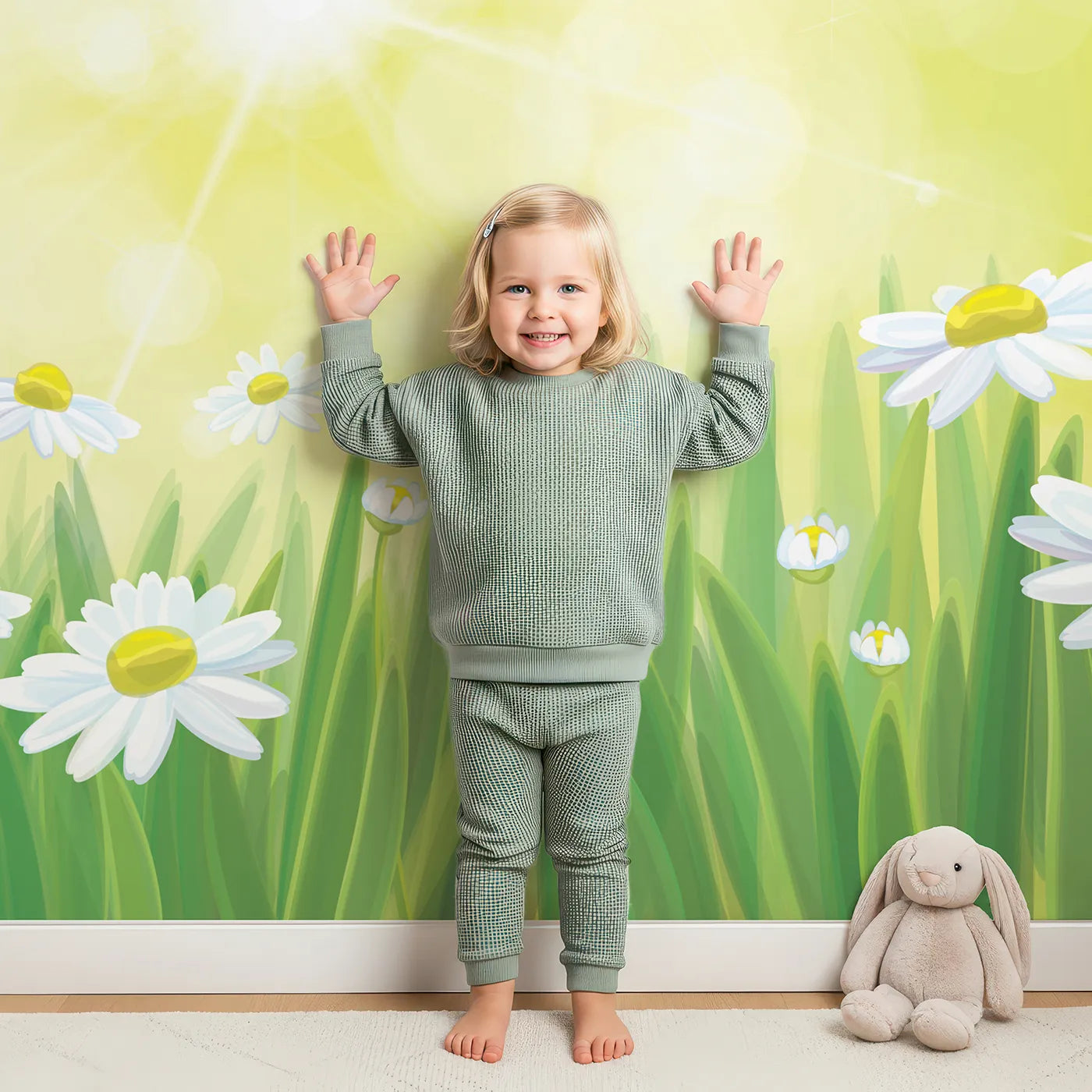 Child in front of Whimsy Tots Summer Daisy Meadow Wall Mural with daisy, flower, grass, meadow, field, summer, sun, nature in design.