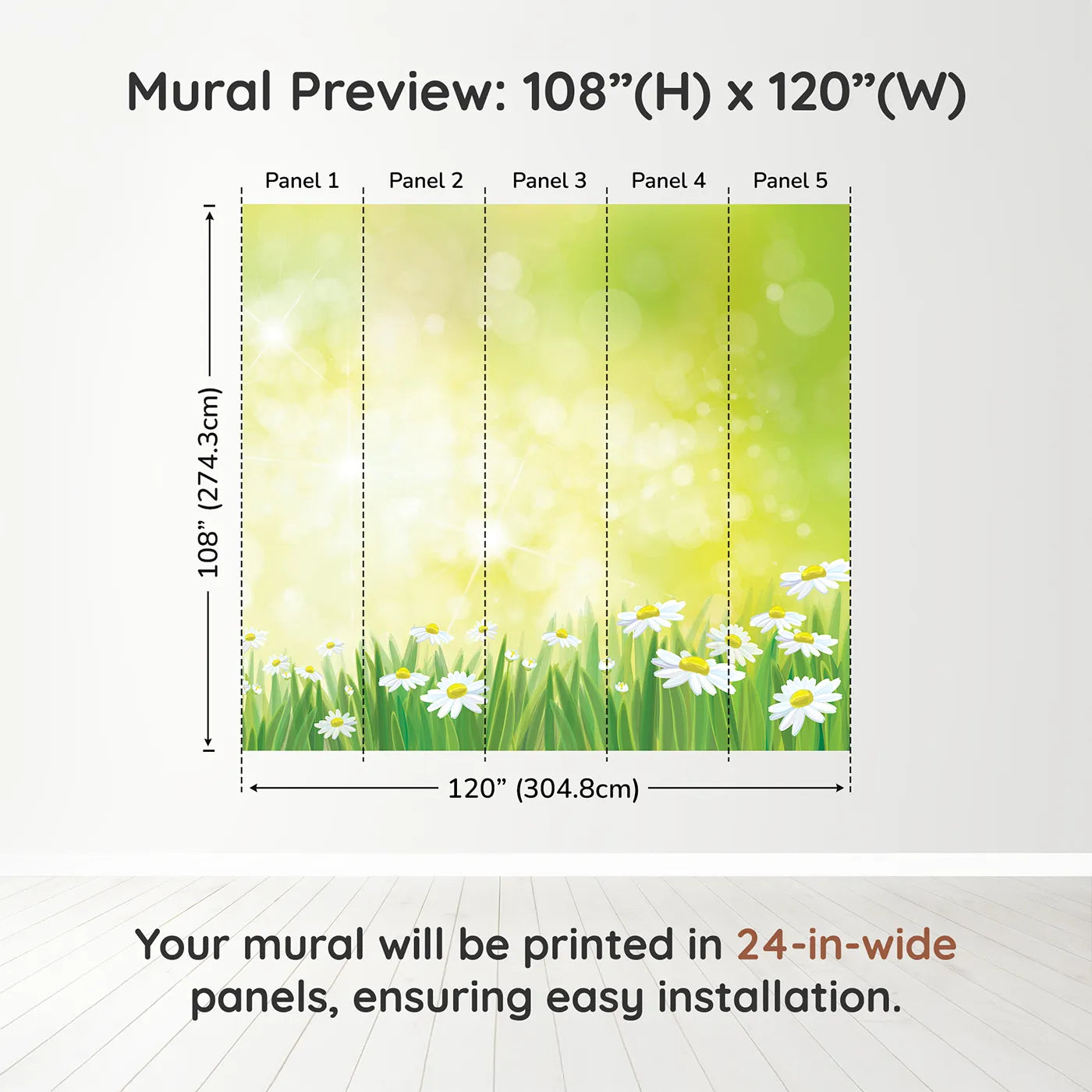 Whimsy Tots Summer Daisy Meadow Wall Muraldimension view (108" H x 120" W). Printed in five 24-inch-wide panels. Gender-Neutral