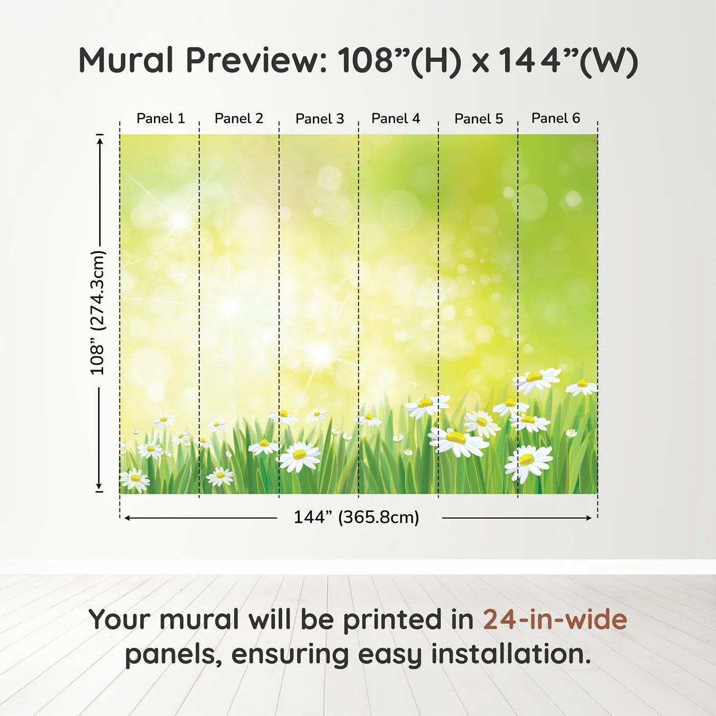 Whimsy Tots Summer Daisy Meadow Wall Muraldimension view (108" H x 144" W). Printed in six 24-inch-wide panels. Gender-Neutral