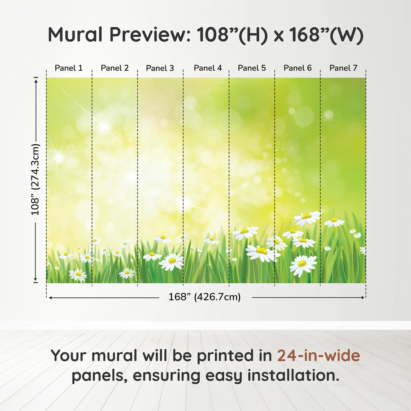 Whimsy Tots Summer Daisy Meadow Wall Muraldimension view (108" H x 168" W). Printed in seven 24-inch-wide panels. Gender-Neutral