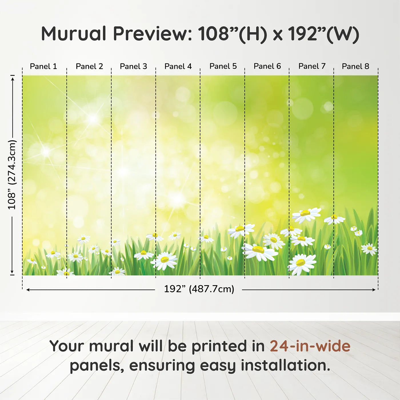 Whimsy Tots Summer Daisy Meadow Wall Muraldimension view (108" H x 192" W). Printed in eight 24-inch-wide panels. Gender-Neutral