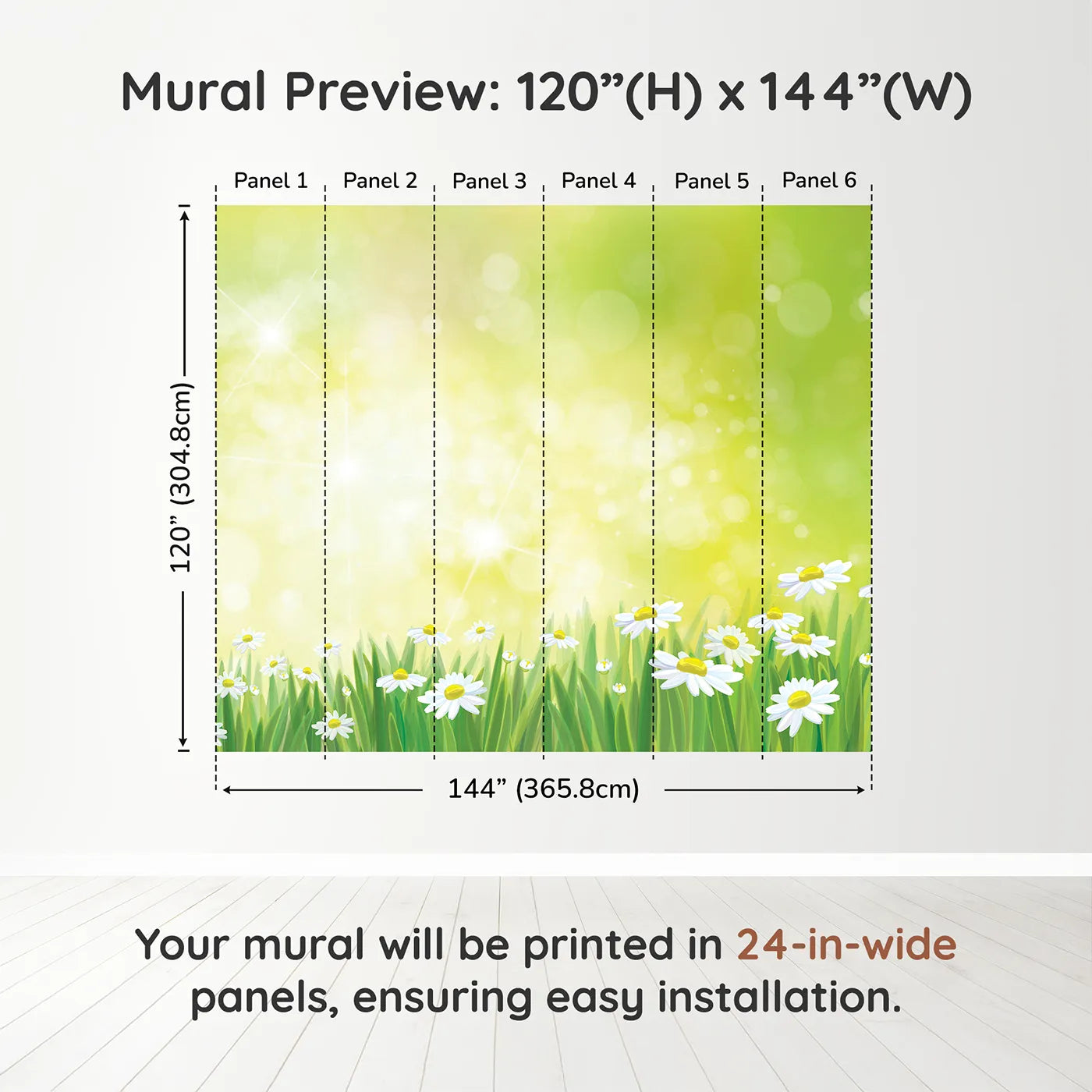 Whimsy Tots Summer Daisy Meadow Wall Muraldimension view (120" H x 144" W). Printed in six 24-inch-wide panels. Gender-Neutral