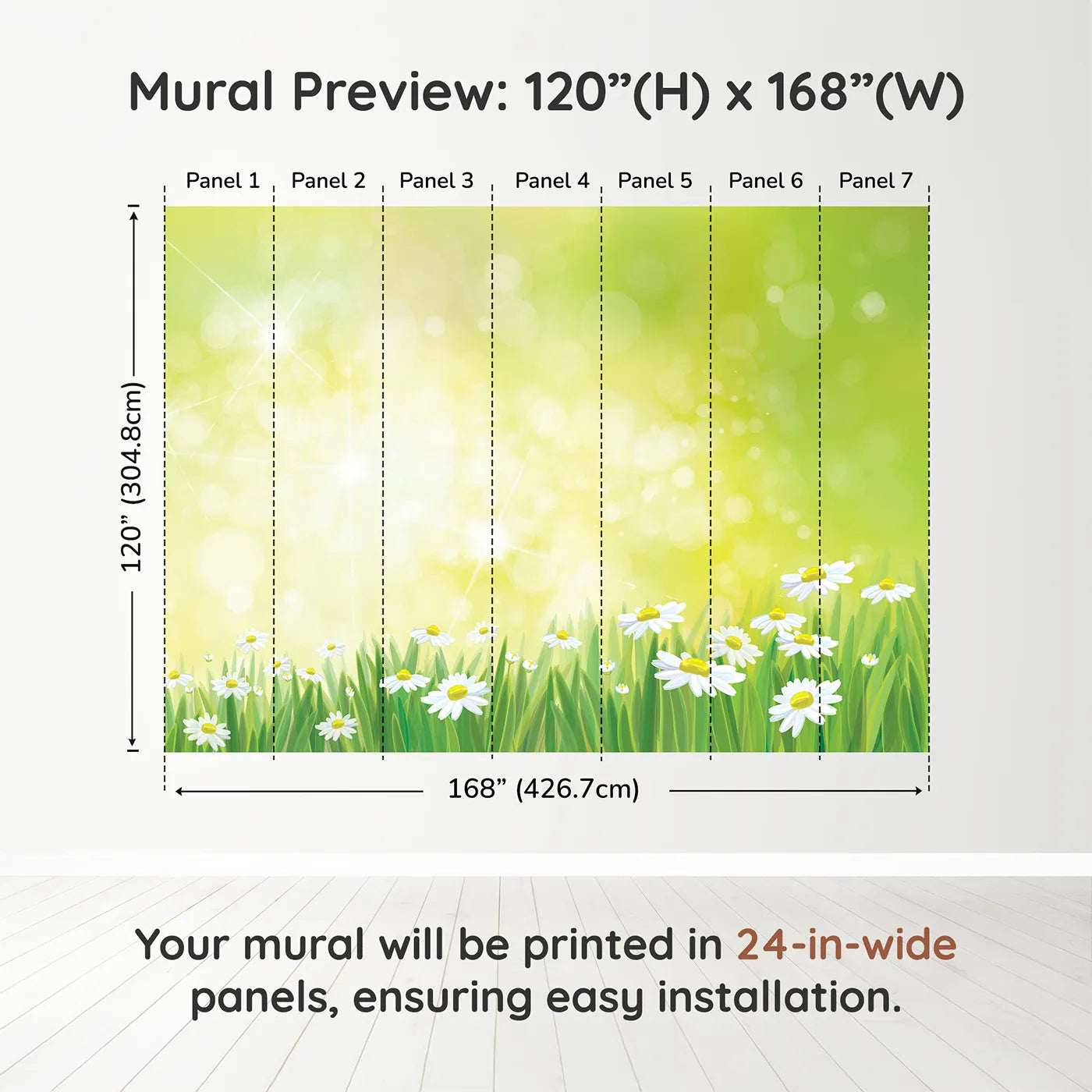 Whimsy Tots Summer Daisy Meadow Wall Muraldimension view (120" H x 168" W). Printed in seven 24-inch-wide panels. Gender-Neutral