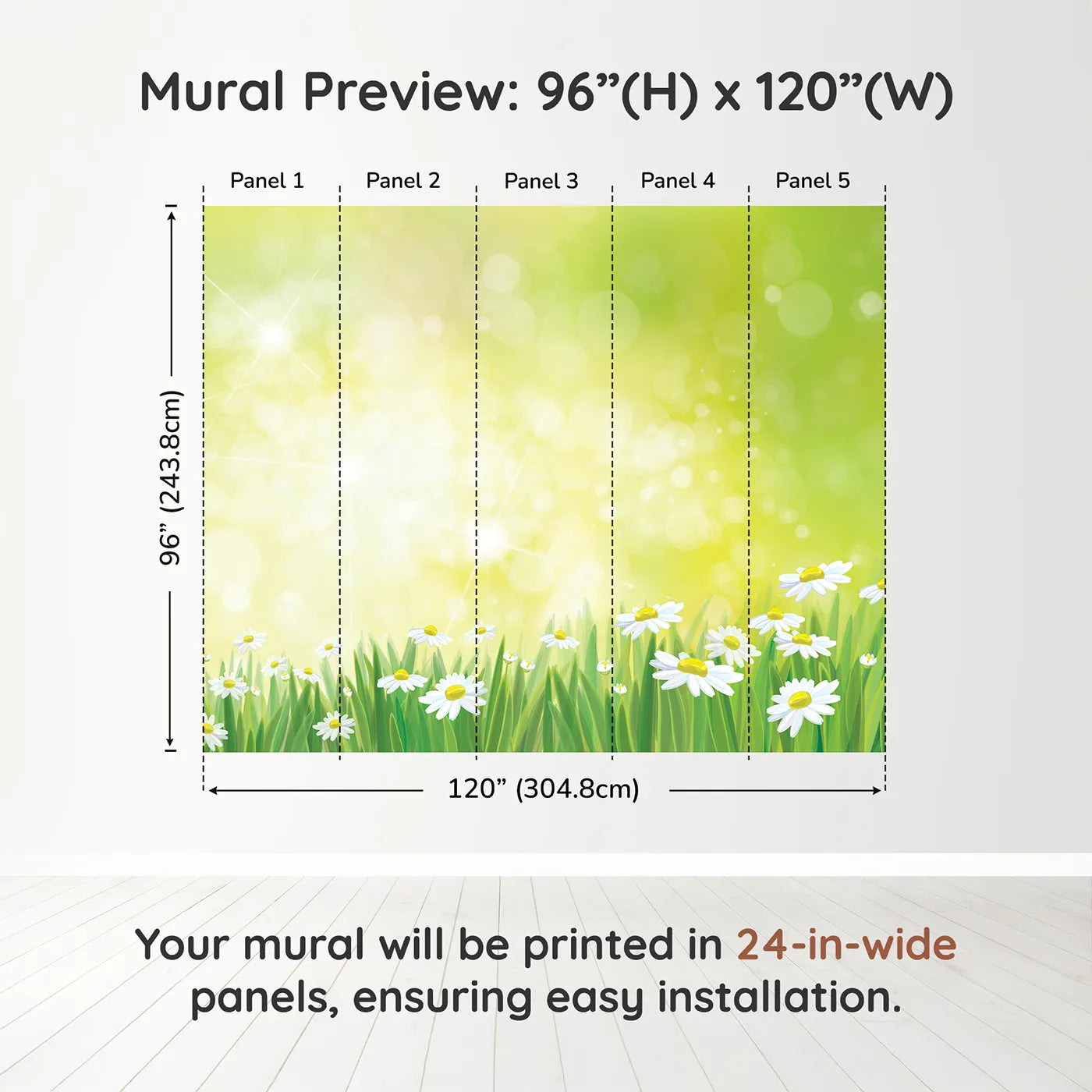 Whimsy Tots Summer Daisy Meadow Wall Muraldimension view (96" H x 120" W). Printed in five 24-inch-wide panels. Gender-Neutral