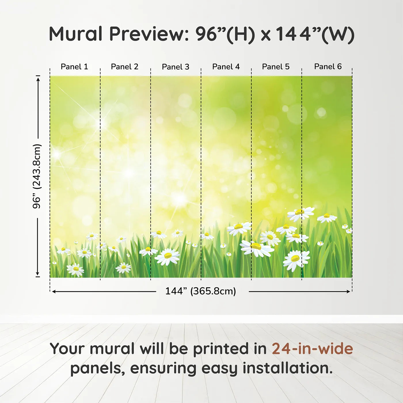 Whimsy Tots Summer Daisy Meadow Wall Muraldimension view (96" H x 144" W). Printed in six 24-inch-wide panels. Gender-Neutral
