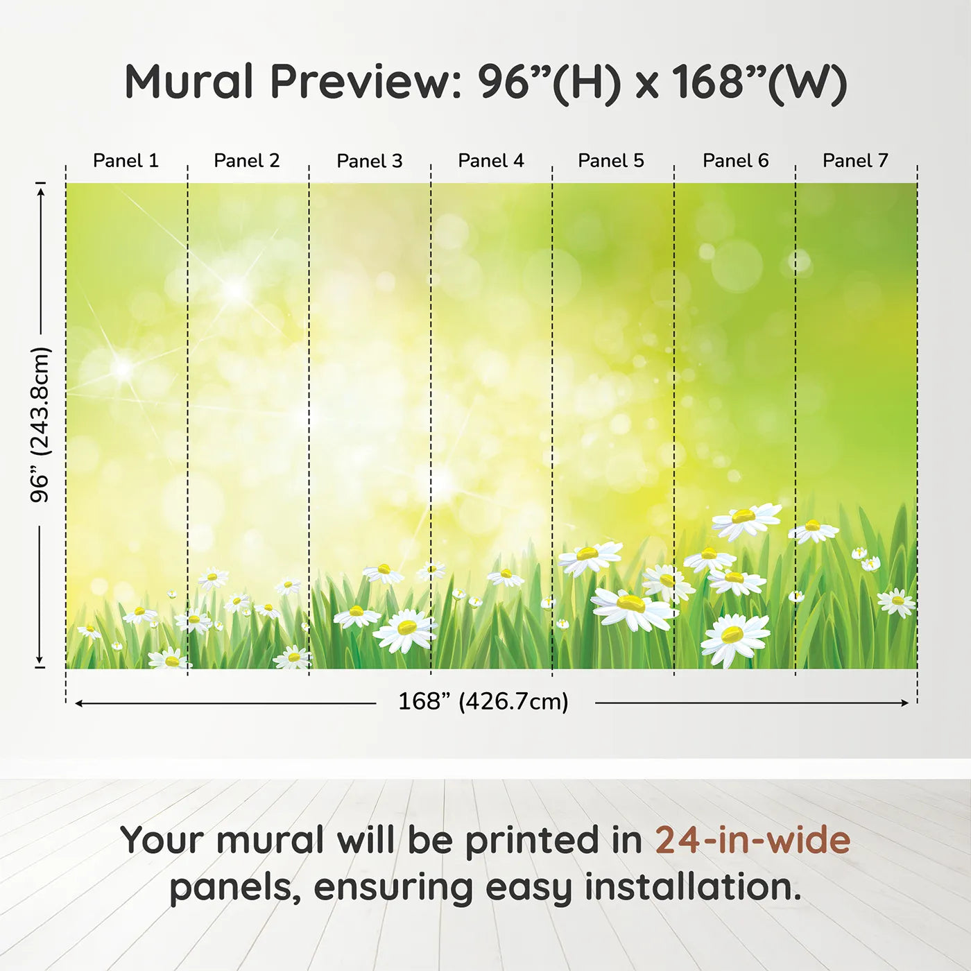 Whimsy Tots Summer Daisy Meadow Wall Muraldimension view (96" H x 168" W). Printed in seven 24-inch-wide panels. Gender-Neutral