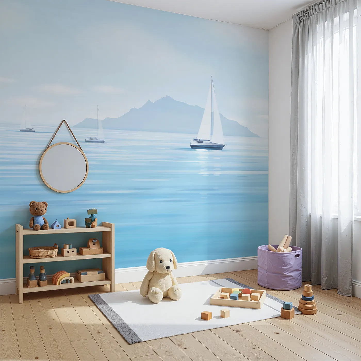 Angled view of Whimsy Tots' Misty Morning Sailboats Wall Mural (Turn Their Room into a Calm and Gentle Seascape).Gender-Neutral