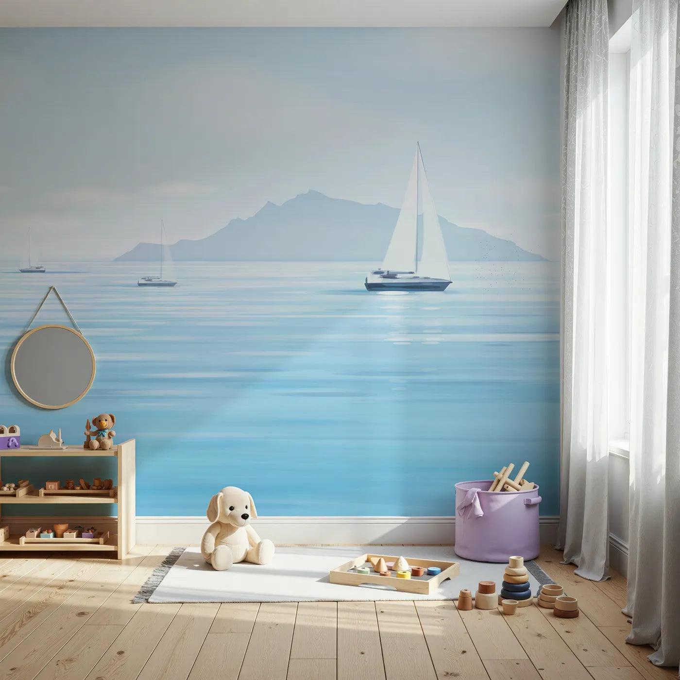Front view of Whimsy Tots' Misty Morning Sailboats Wall Mural
