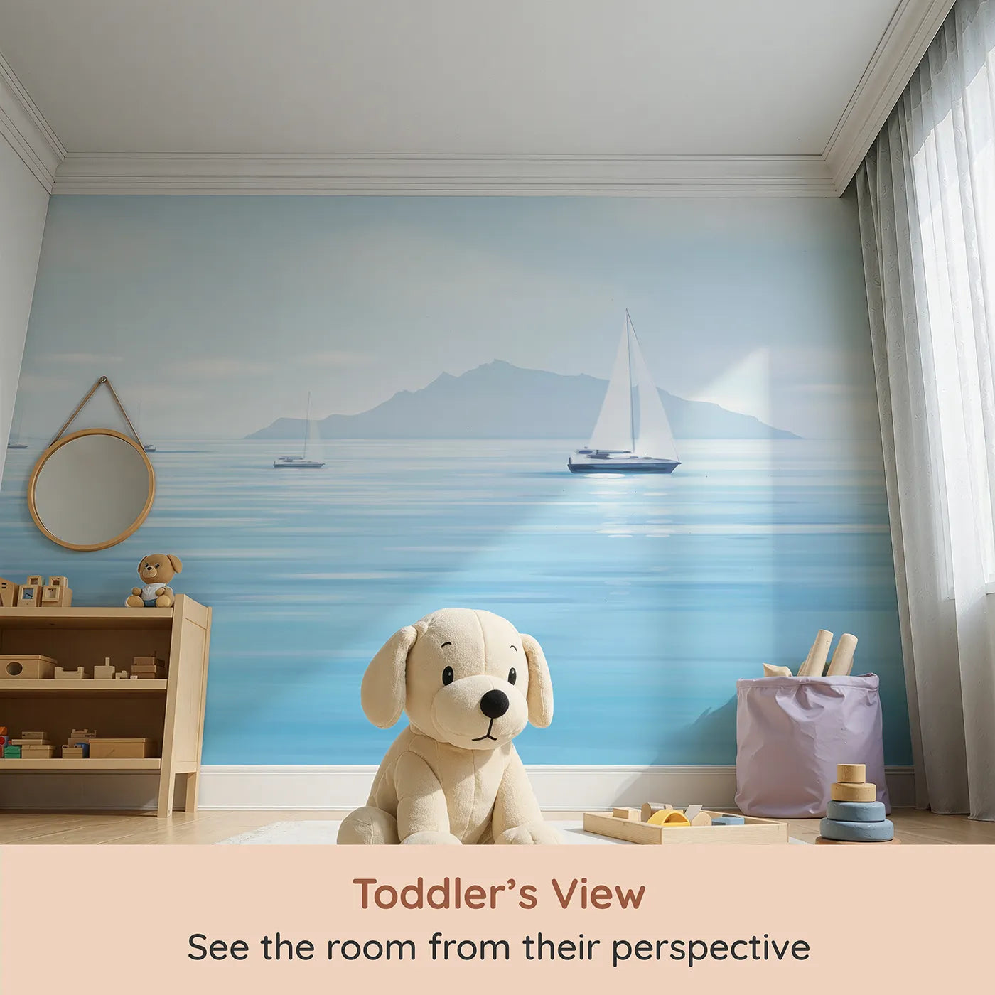 Whimsy Tots Misty Morning Sailboats Wall Mural (Turn Their Room into a Calm and Gentle Seascape) from your child's view.Gender-Neutral