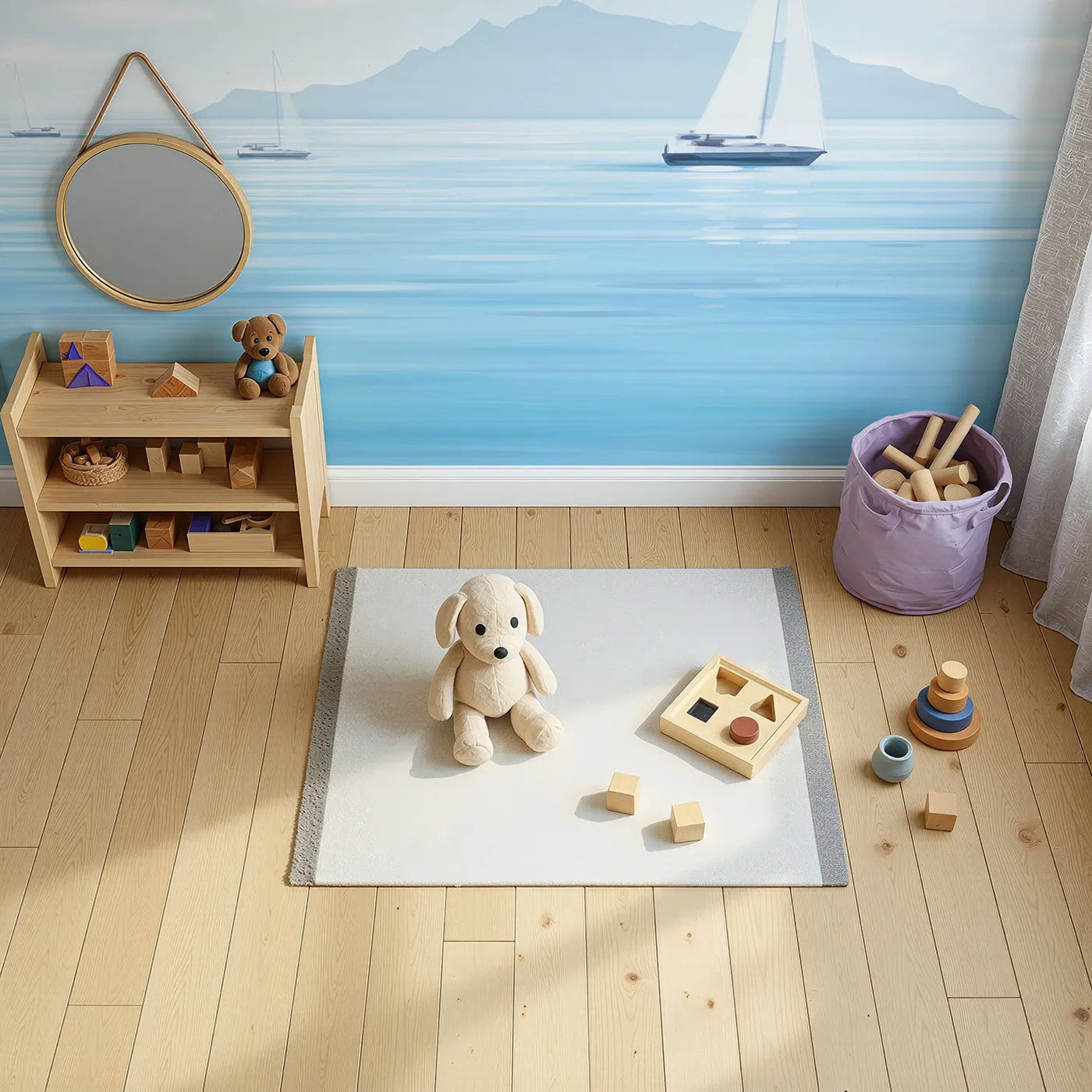 Top-down view of Whimsy Tots' Misty Morning Sailboats Wall Mural (Turn Their Room into a Calm and Gentle Seascape).Gender-Neutral
