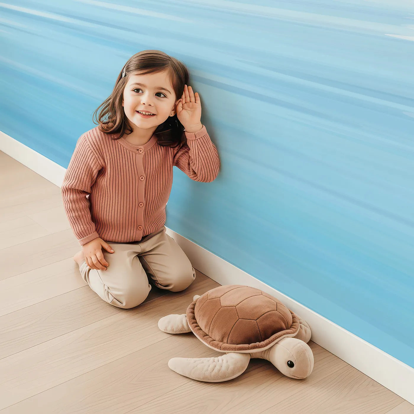 Child in front of Whimsy Tots Misty Morning Sailboats Wall Mural with sailboat, boat, sea, ocean, water, mountain, mist, fog in design.