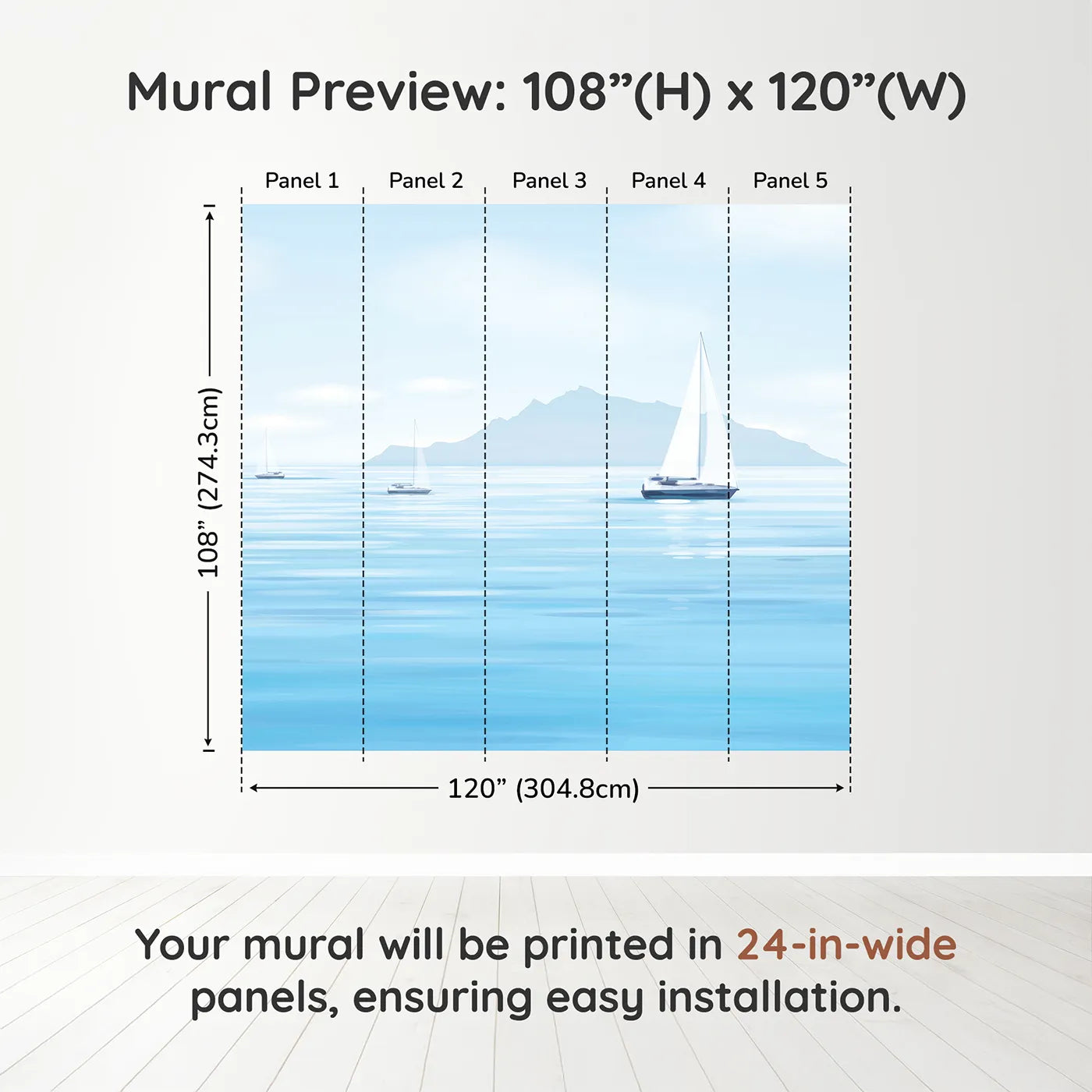Whimsy Tots Misty Morning Sailboats Wall Muraldimension view (108" H x 120" W). Printed in five 24-inch-wide panels. Gender-Neutral
