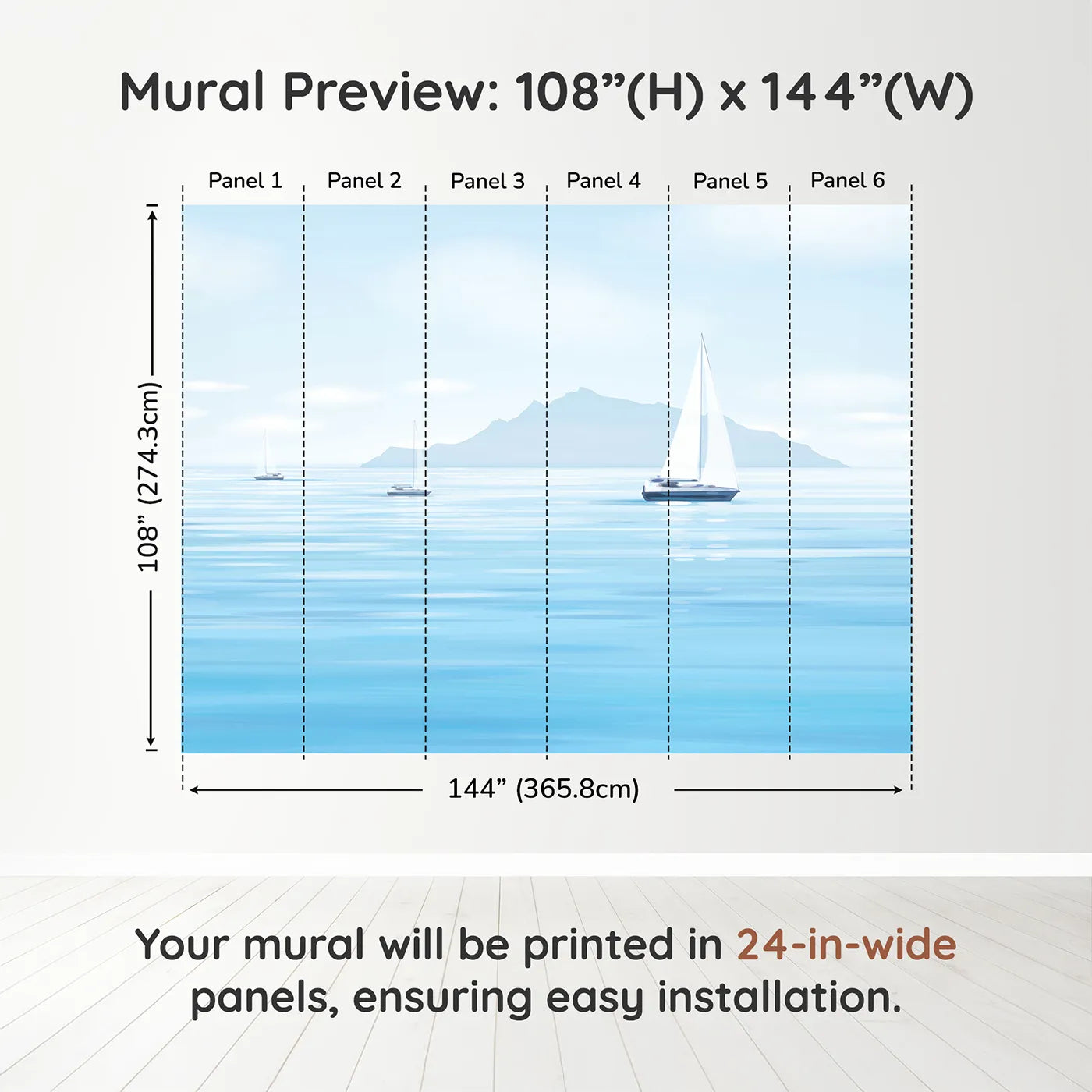 Whimsy Tots Misty Morning Sailboats Wall Muraldimension view (108" H x 144" W). Printed in six 24-inch-wide panels. Gender-Neutral
