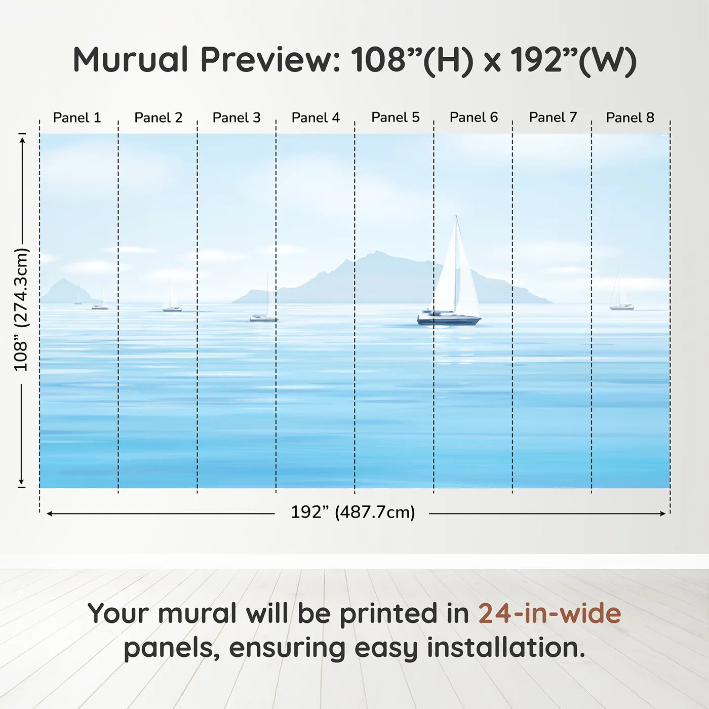 Whimsy Tots Misty Morning Sailboats Wall Muraldimension view (108" H x 192" W). Printed in eight 24-inch-wide panels. Gender-Neutral
