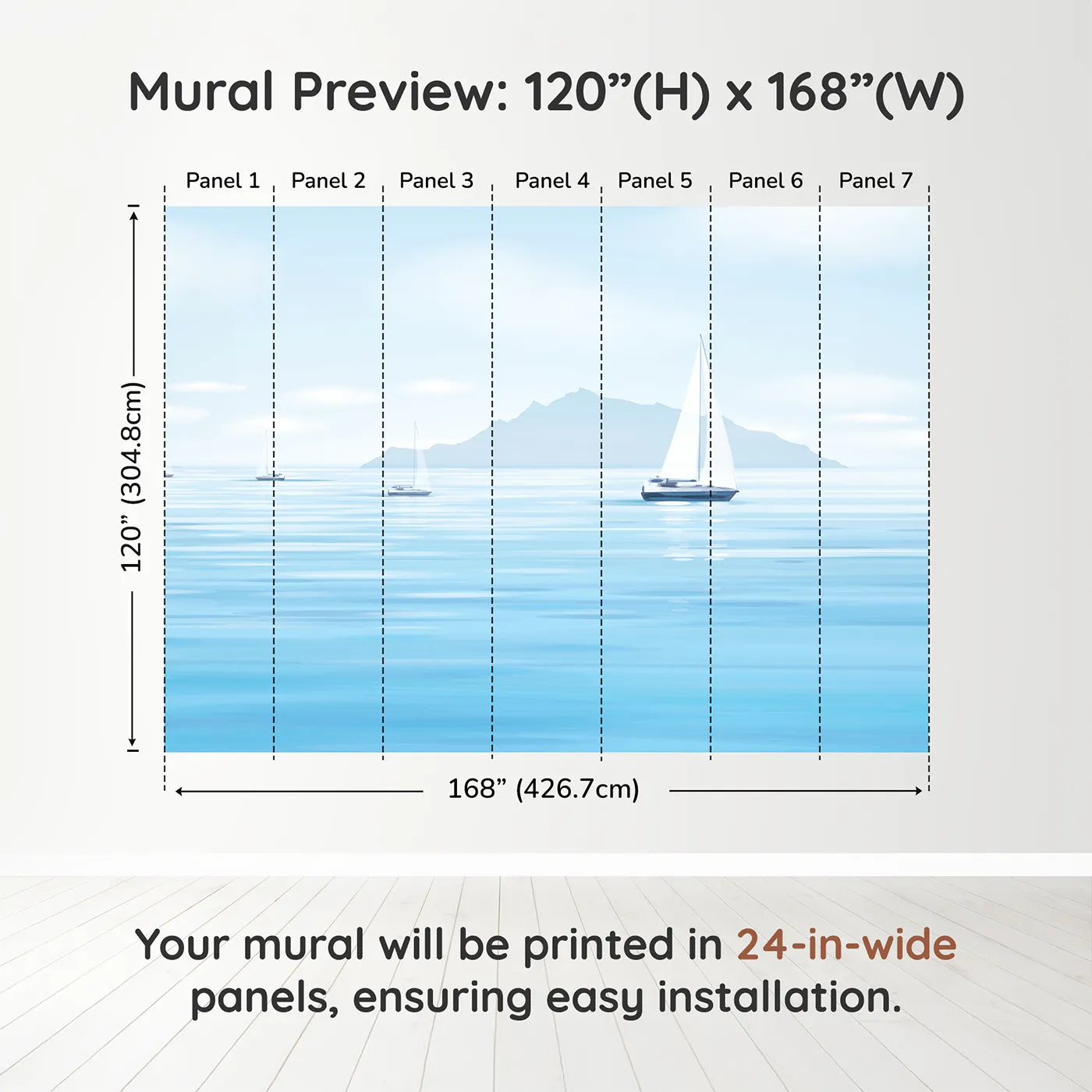 Whimsy Tots Misty Morning Sailboats Wall Muraldimension view (120" H x 168" W). Printed in seven 24-inch-wide panels. Gender-Neutral
