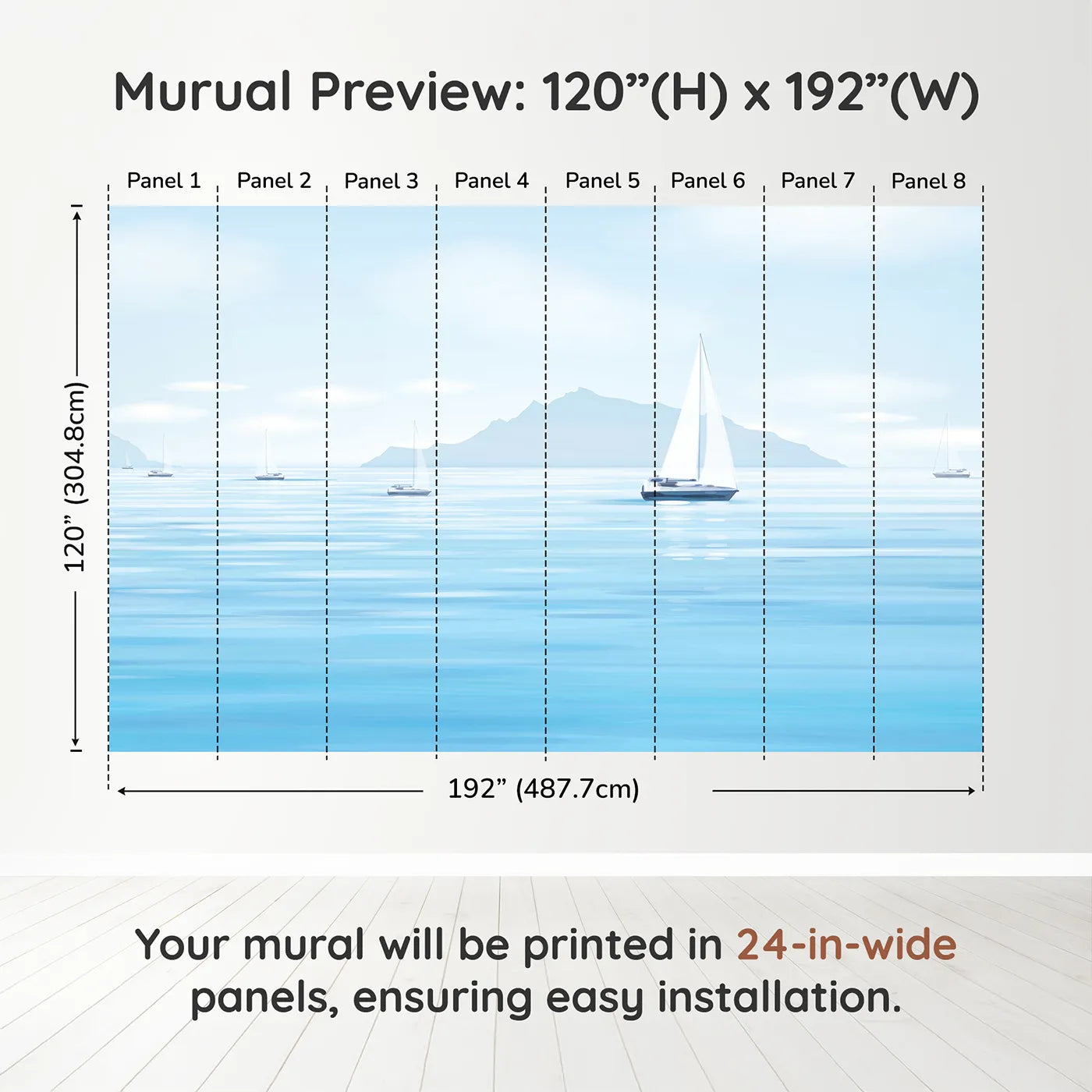 Whimsy Tots Misty Morning Sailboats Wall Muraldimension view (120" H x 192" W). Printed in eight 24-inch-wide panels. Gender-Neutral