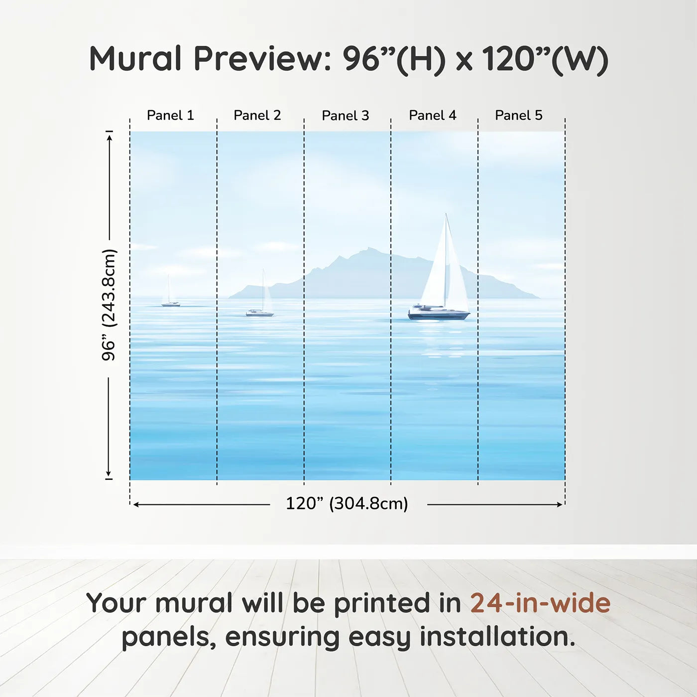 Whimsy Tots Misty Morning Sailboats Wall Muraldimension view (96" H x 120" W). Printed in five 24-inch-wide panels. Gender-Neutral