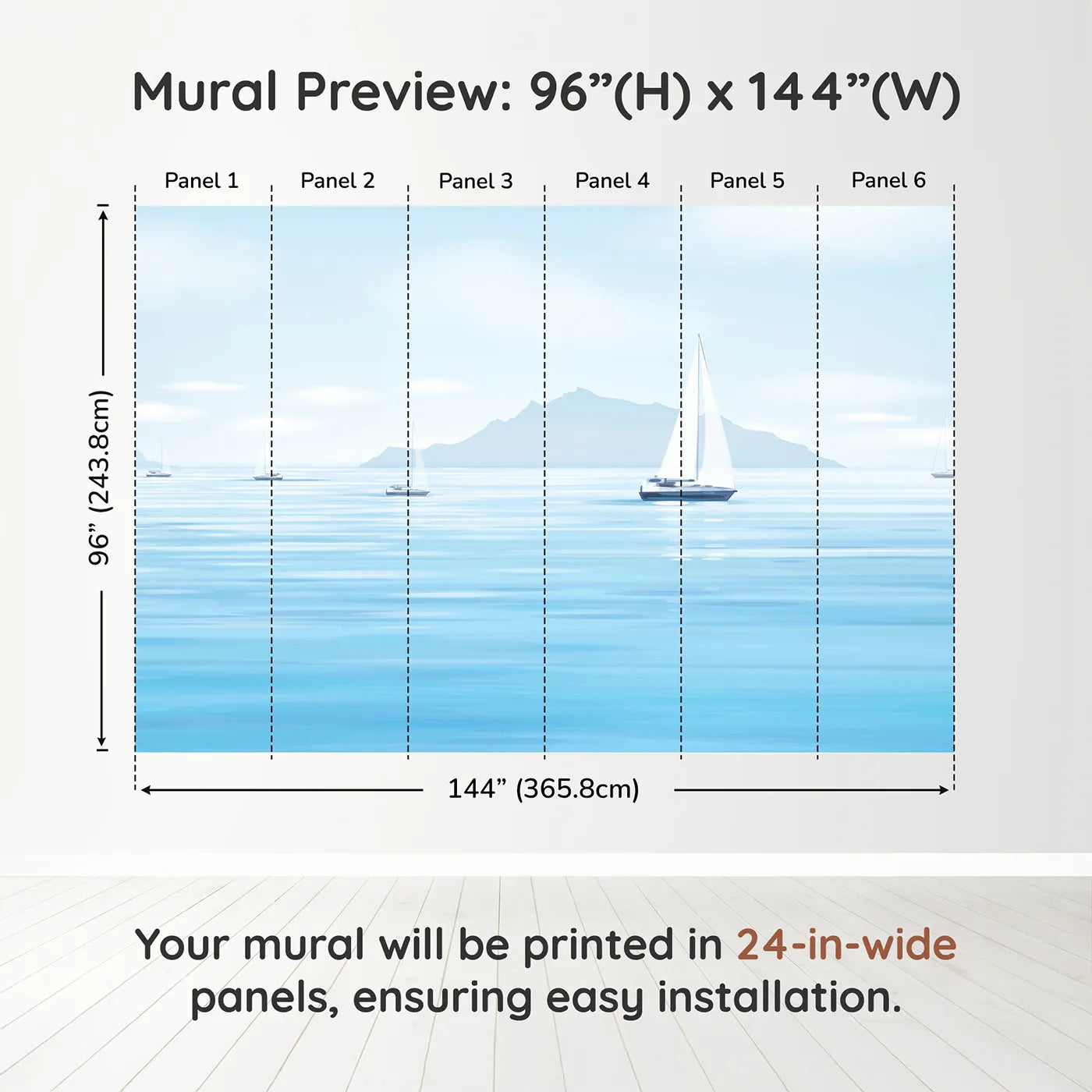 Whimsy Tots Misty Morning Sailboats Wall Muraldimension view (96" H x 144" W). Printed in six 24-inch-wide panels. Gender-Neutral