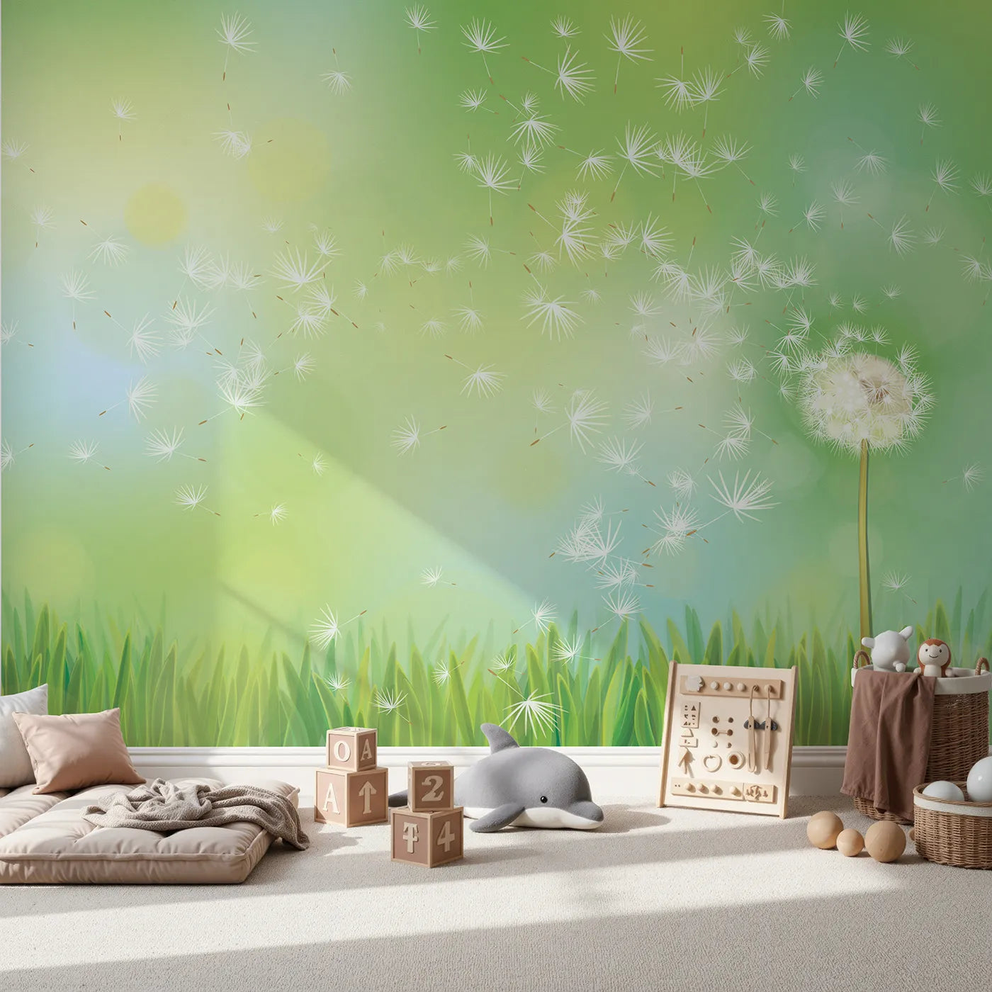 Front view of Whimsy Tots' Dandelion Wishes Wall Mural