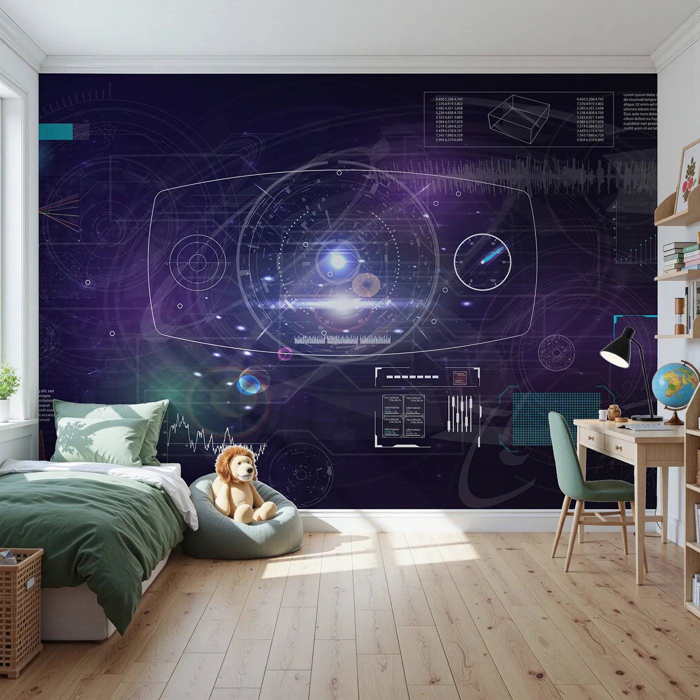 Front view of Whimsy Tots' Futuristic Data Hub Wall Mural