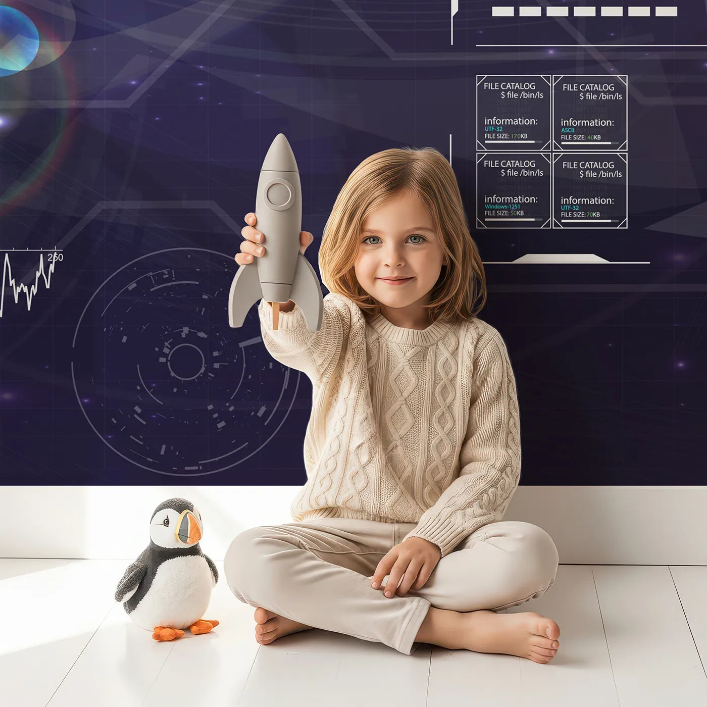 Child in front of Whimsy Tots Futuristic Data Hub Wall Mural with data, hud, futuristic, tech, science, computer, code in design.
