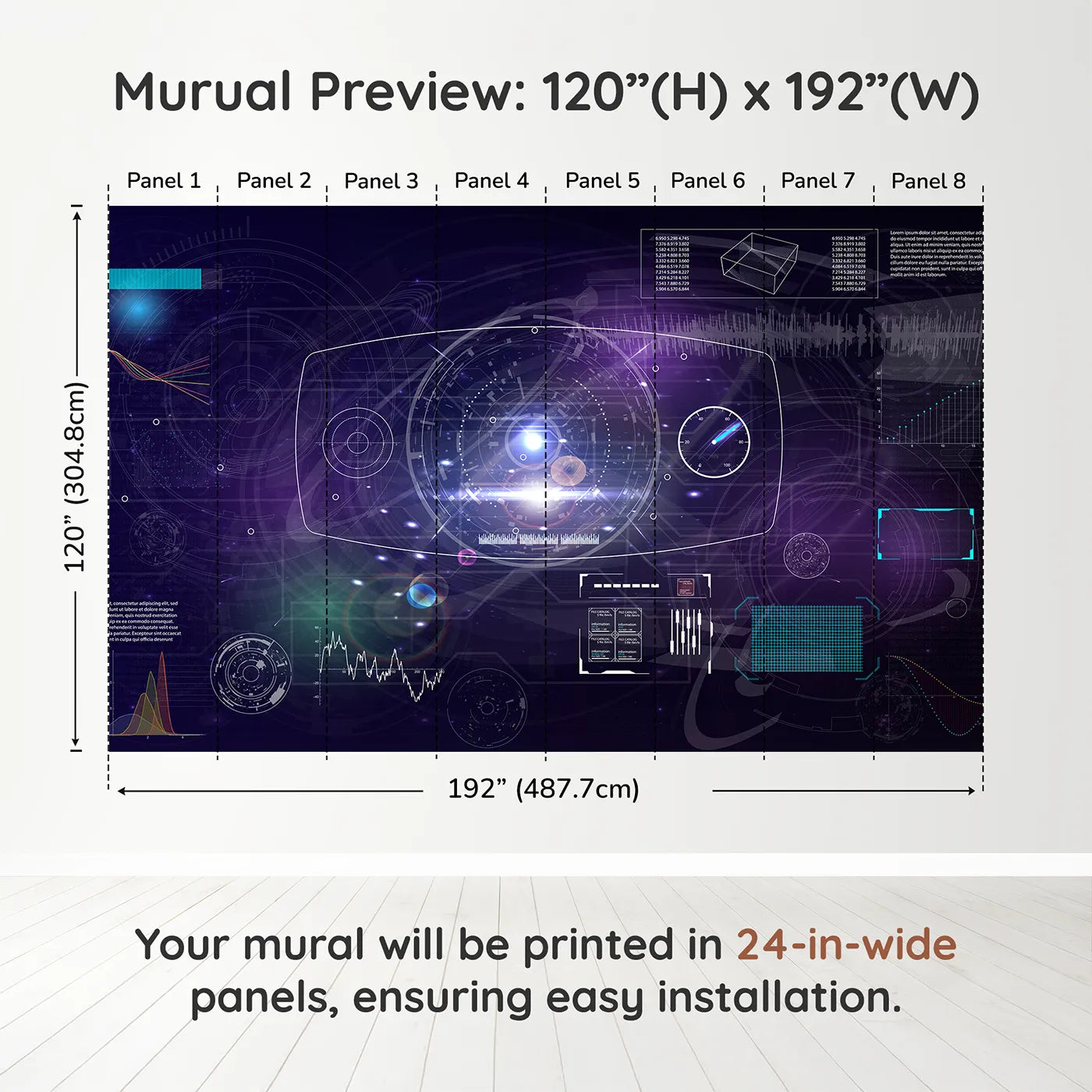 Whimsy Tots Futuristic Data Hub Wall Muraldimension view (120" H x 192" W). Printed in eight 24-inch-wide panels. Gender-Neutral