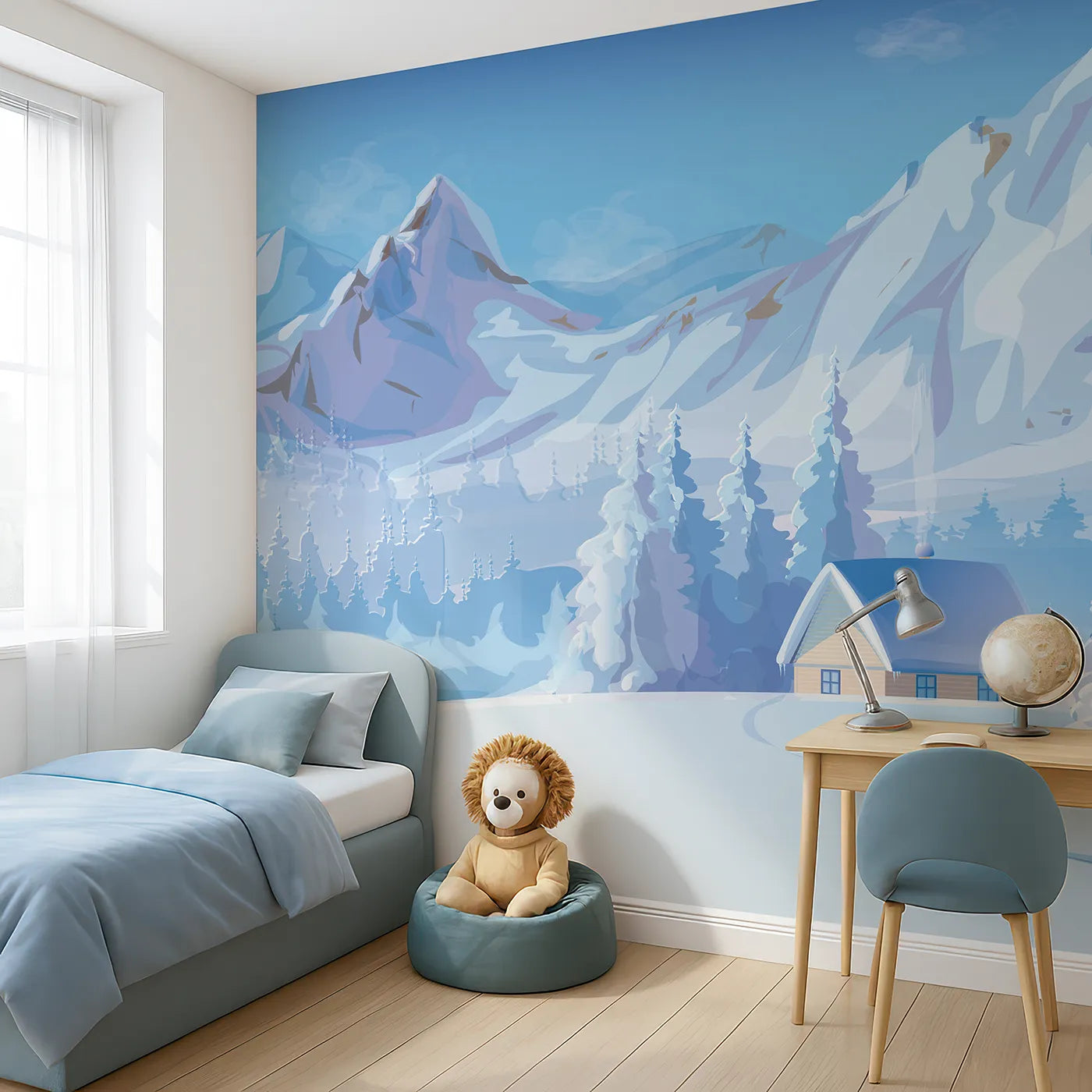 Angled view of Whimsy Tots' Cozy Winter Cabin Wall Mural (Turn Their Room into a Snowy Mountain Retreat).Gender-Neutral