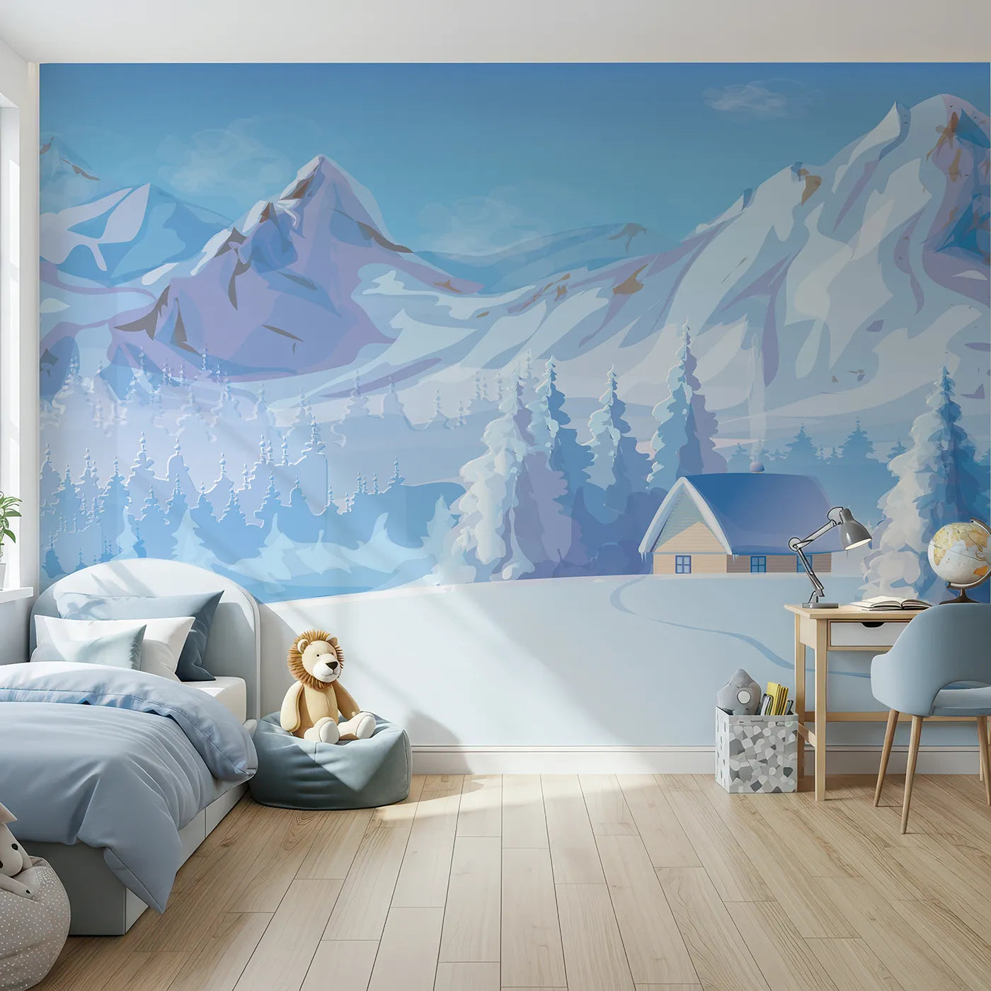 Front view of Whimsy Tots' Cozy Winter Cabin Wall Mural