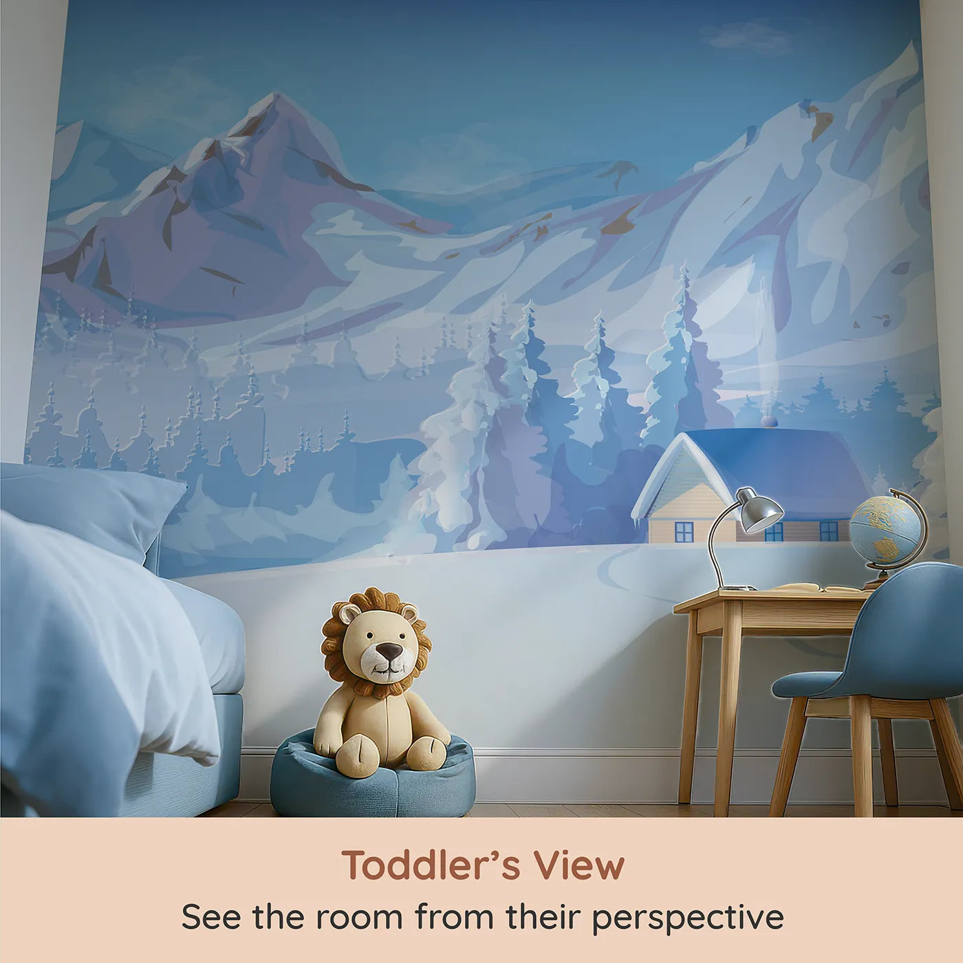 Whimsy Tots Cozy Winter Cabin Wall Mural (Turn Their Room into a Snowy Mountain Retreat) from your child's view.Gender-Neutral