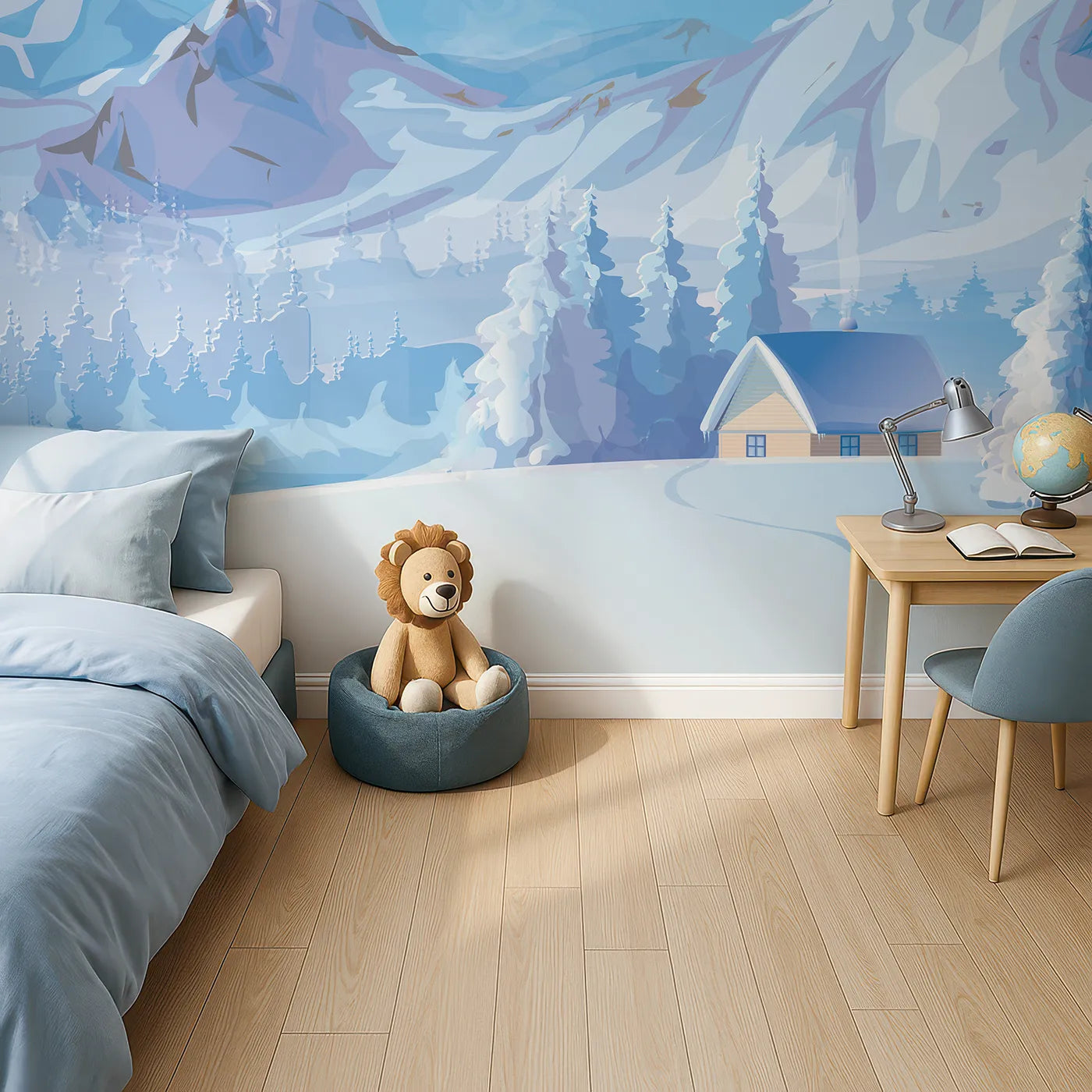 Top-down view of Whimsy Tots' Cozy Winter Cabin Wall Mural (Turn Their Room into a Snowy Mountain Retreat).Gender-Neutral