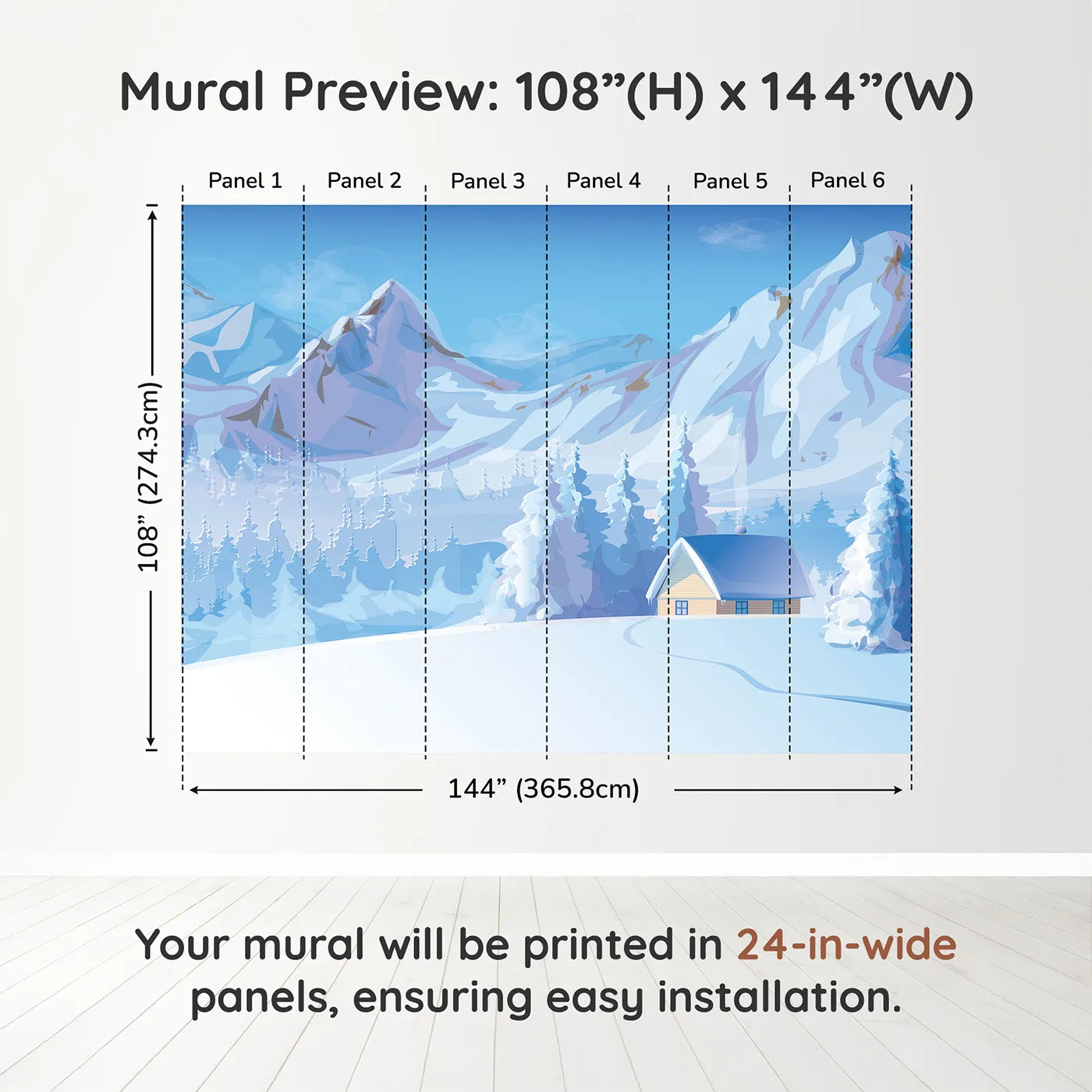 Whimsy Tots Cozy Winter Cabin Wall Muraldimension view (108" H x 144" W). Printed in six 24-inch-wide panels. Gender-Neutral