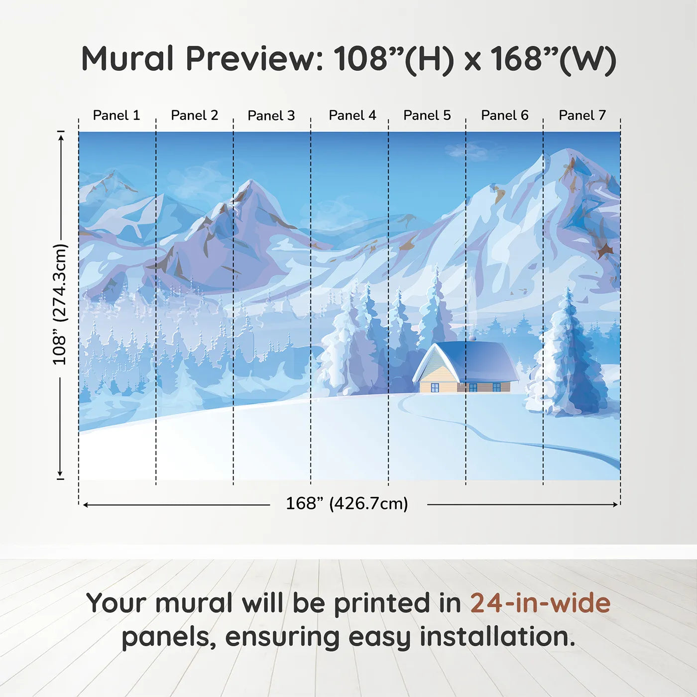 Whimsy Tots Cozy Winter Cabin Wall Muraldimension view (108" H x 168" W). Printed in seven 24-inch-wide panels. Gender-Neutral