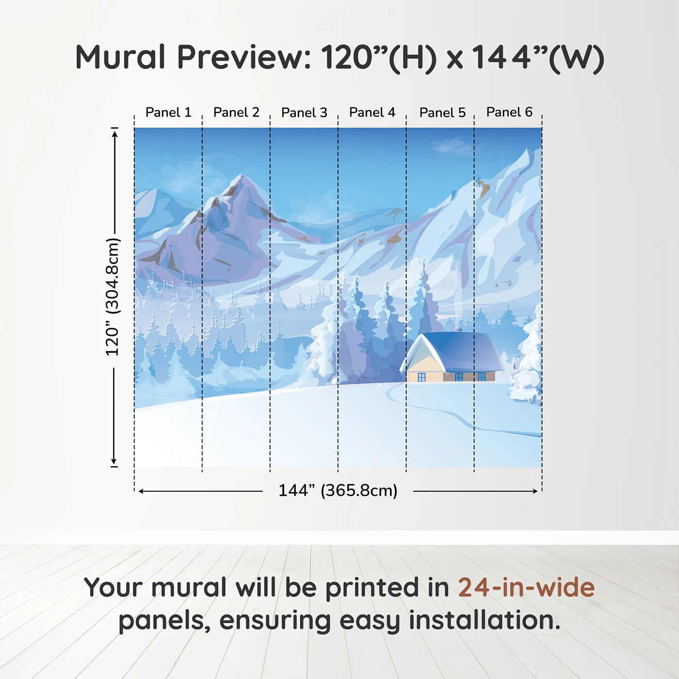 Whimsy Tots Cozy Winter Cabin Wall Muraldimension view (120" H x 144" W). Printed in six 24-inch-wide panels. Gender-Neutral