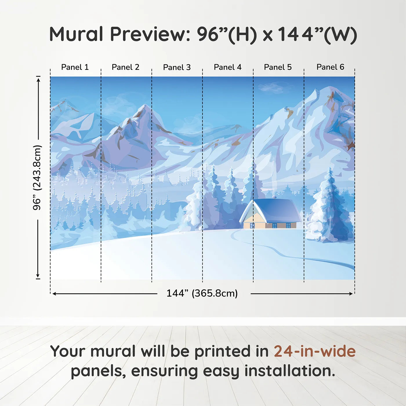 Whimsy Tots Cozy Winter Cabin Wall Muraldimension view (96" H x 144" W). Printed in six 24-inch-wide panels. Gender-Neutral
