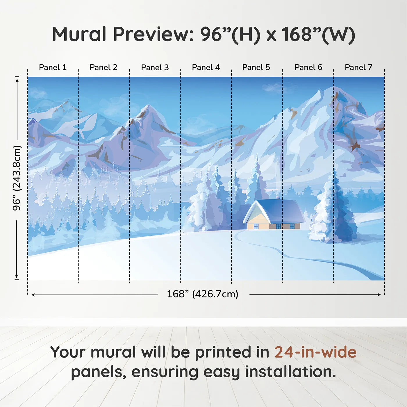 Whimsy Tots Cozy Winter Cabin Wall Muraldimension view (96" H x 168" W). Printed in seven 24-inch-wide panels. Gender-Neutral